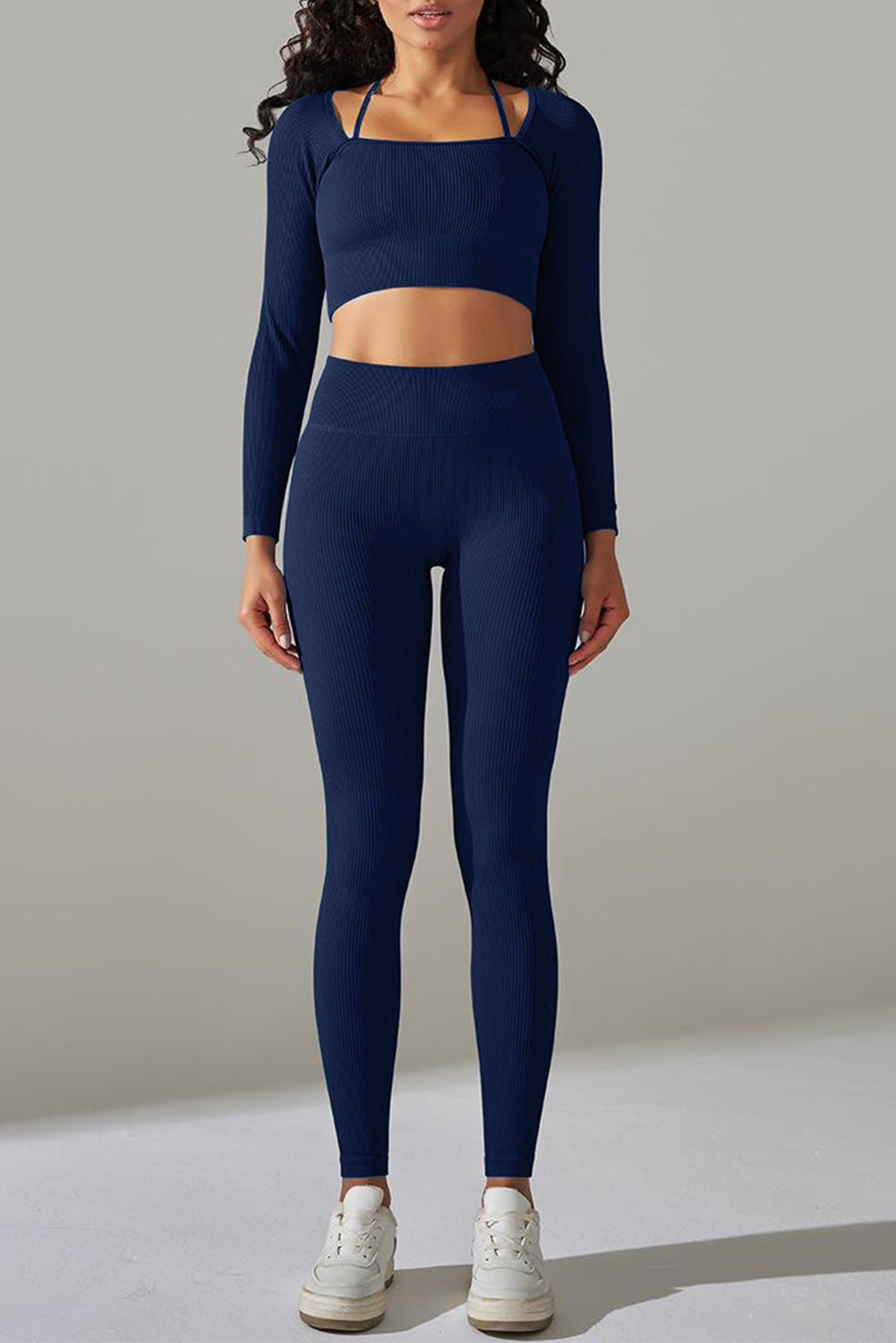Navy Blue Ribbed Long Sleeve Strappy Square Neck 2pcs Yoga Set
