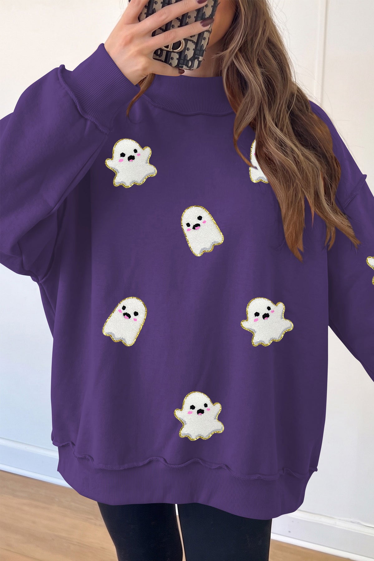 Tillandsia Purple Halloween Ghost Mock Neck Tunic Pullover Sweatshirt