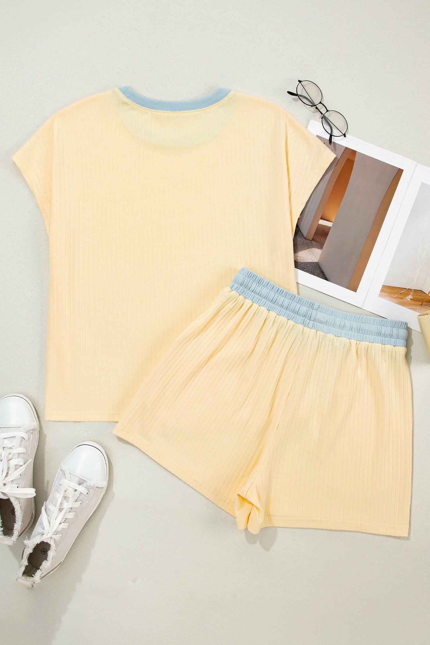 Yellow Cream Ribbed Knit Pumpkin Sequin Patch Graphic Short 2pcs Set
