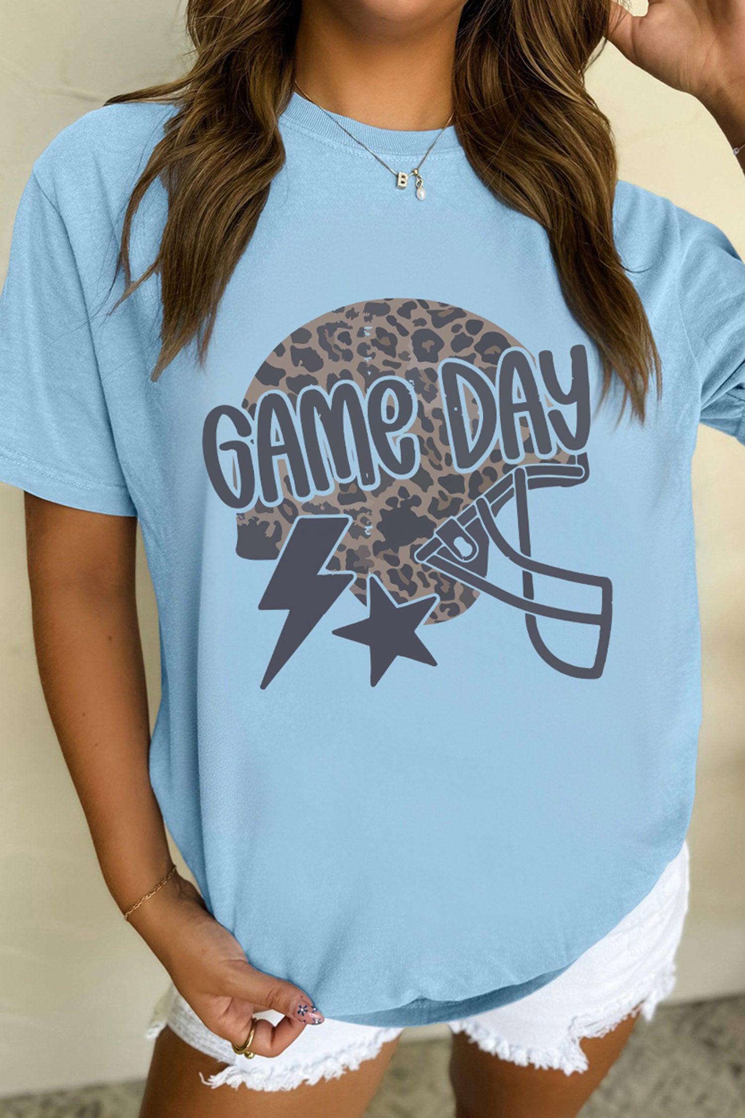Light Blue Leopard Print Lightning Star Helmet Graphic Game Day T Shirt