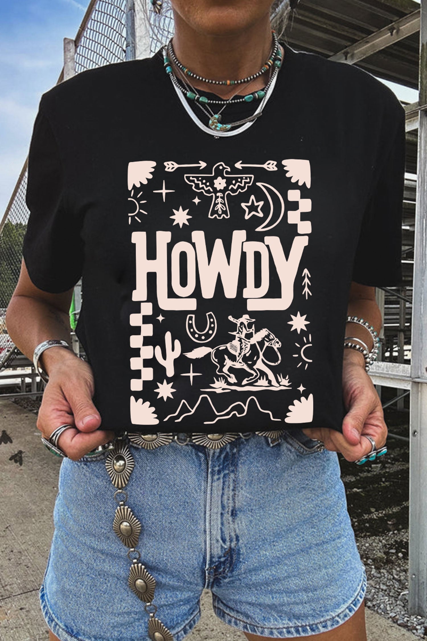 Black HOWDY Western Print Casual Round Neck T Shirt