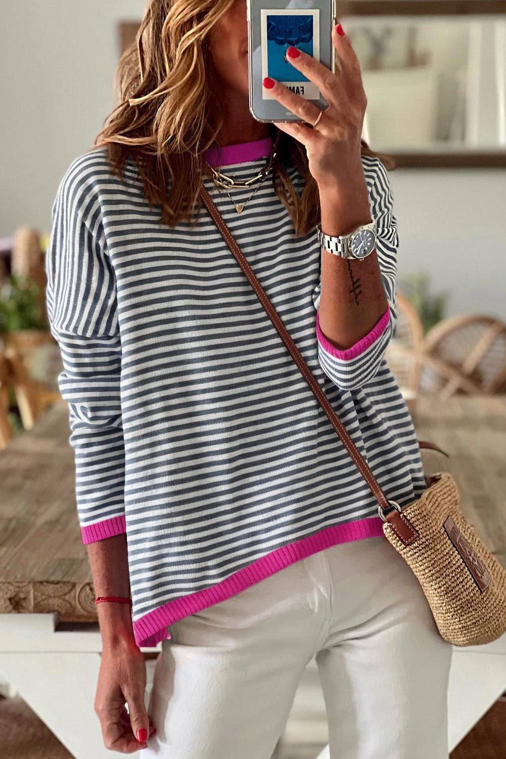Sail Blue Striped Print Contrast Trim Drop Shoulder Sweater