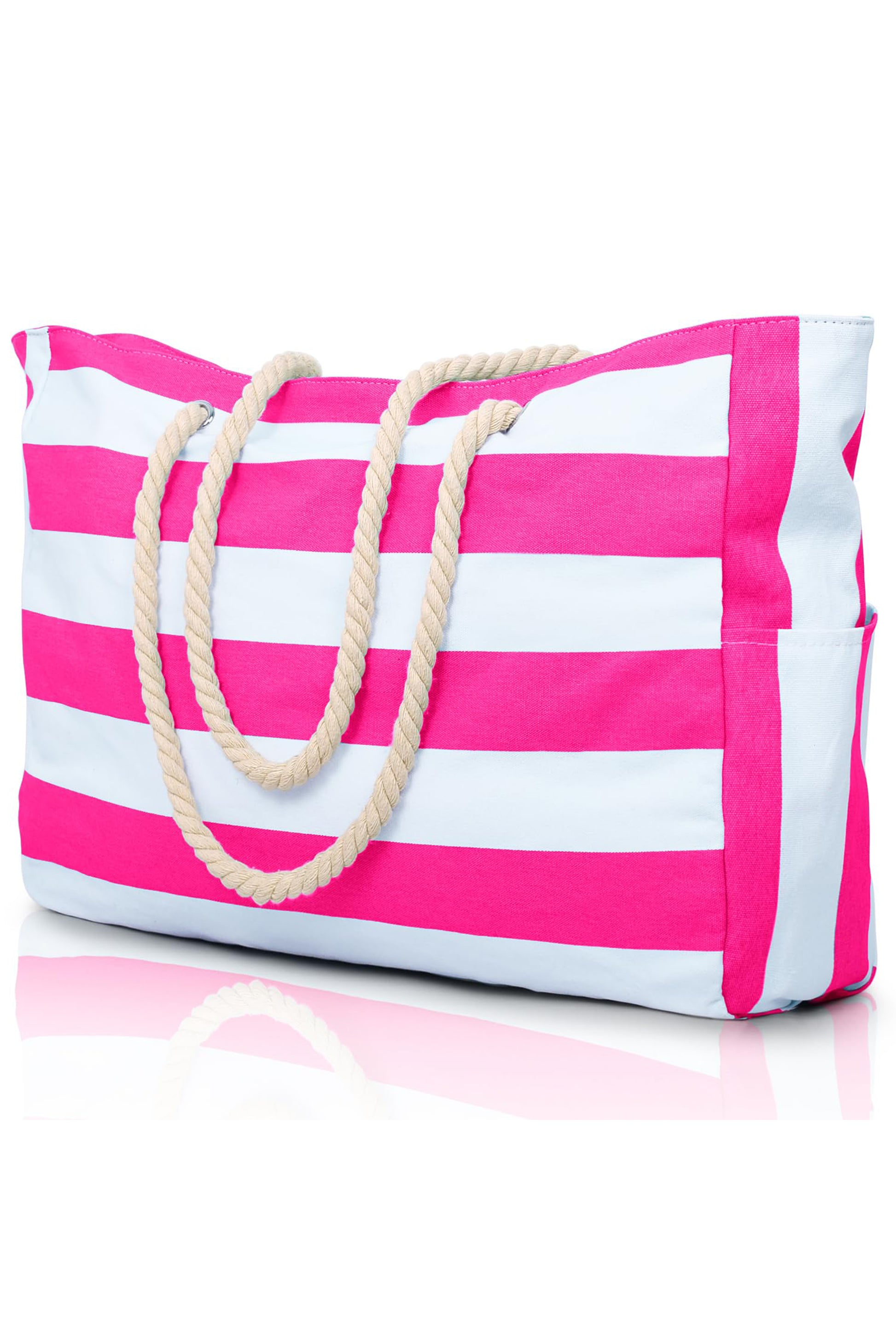 Rose Red Striped Waterproof Canvas Large Capacity Tote Bag
