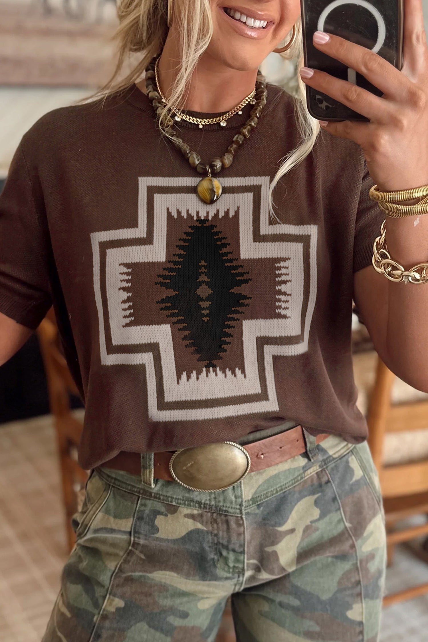 Brown Western Print Short Sleeve Knit Casual Sweater