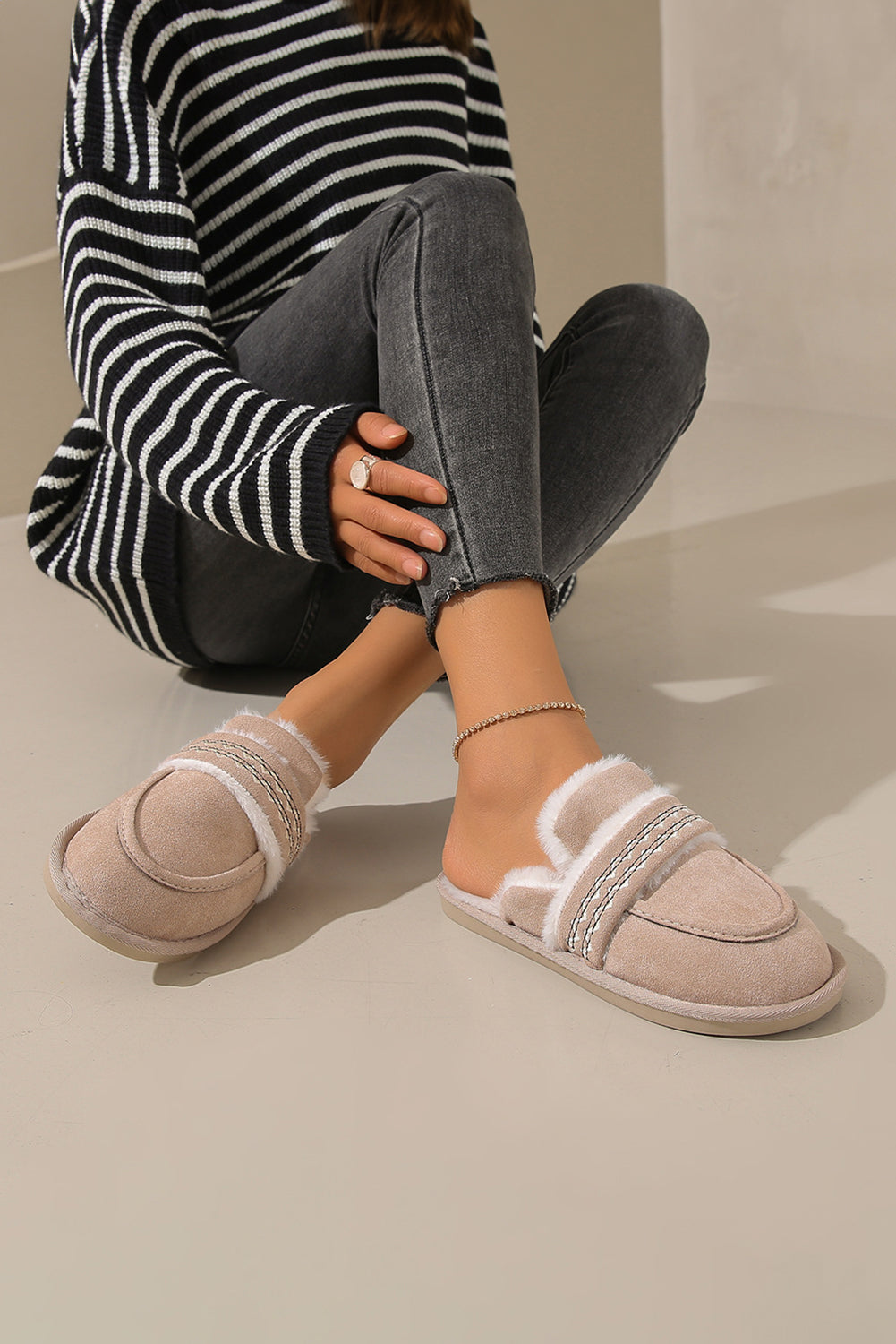Gray Suede Wavy Striped Plush Lined Slippers (Run Small, Size Up)