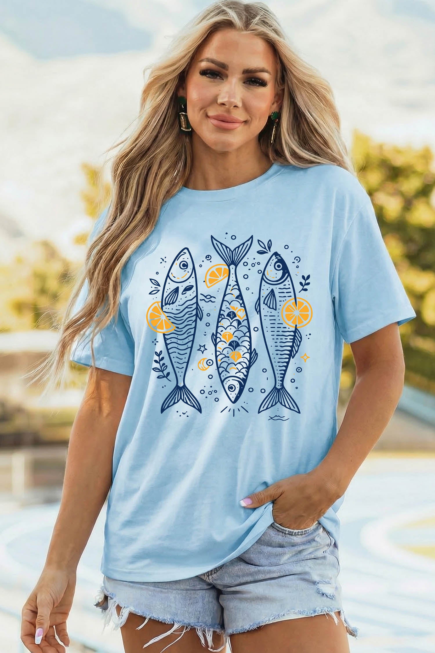 Light Blue Lemon Fishes Printed Loose T Shirt