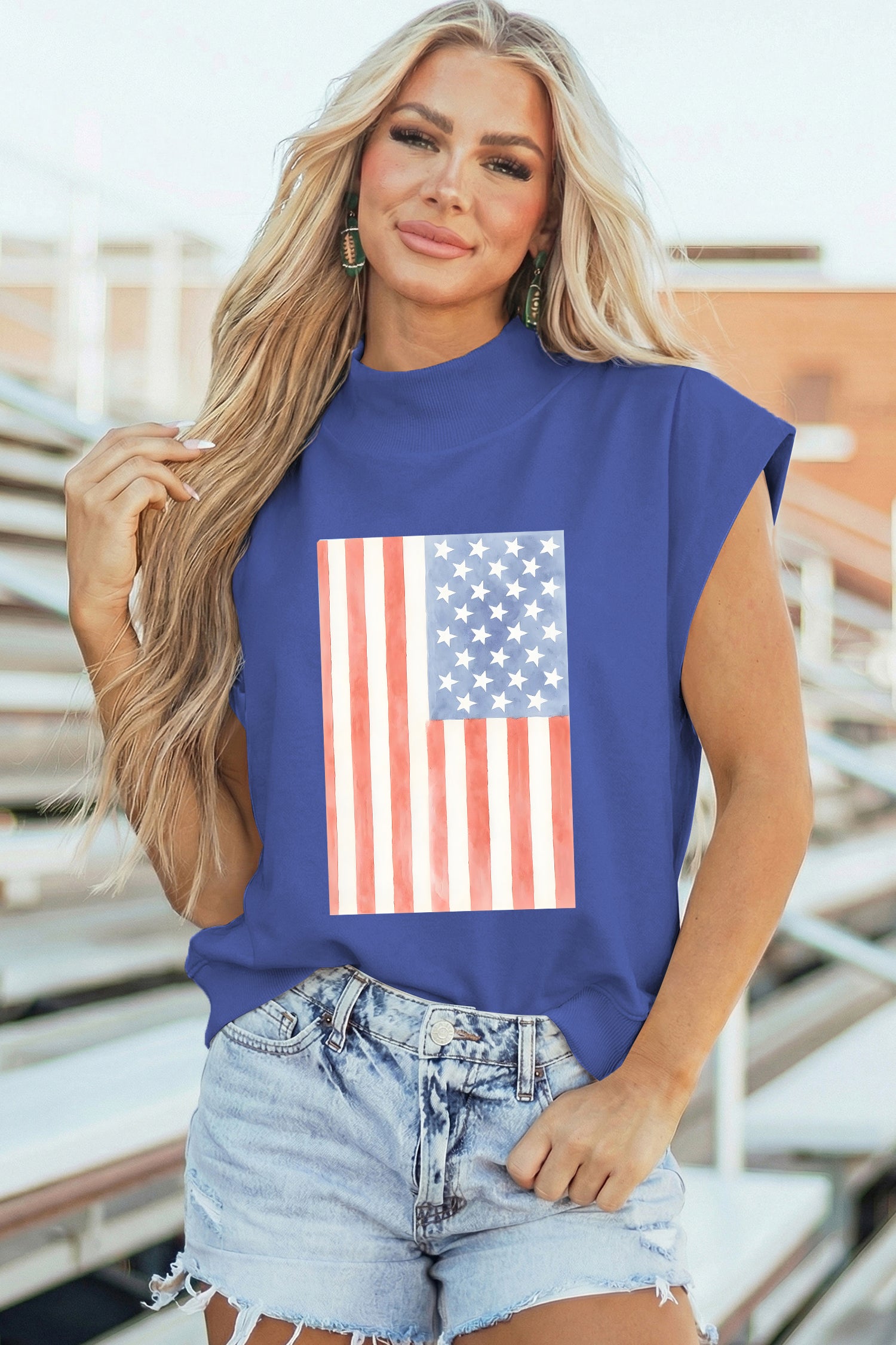 Sky Blue Retro American Flag Printed Mock Neck Tee