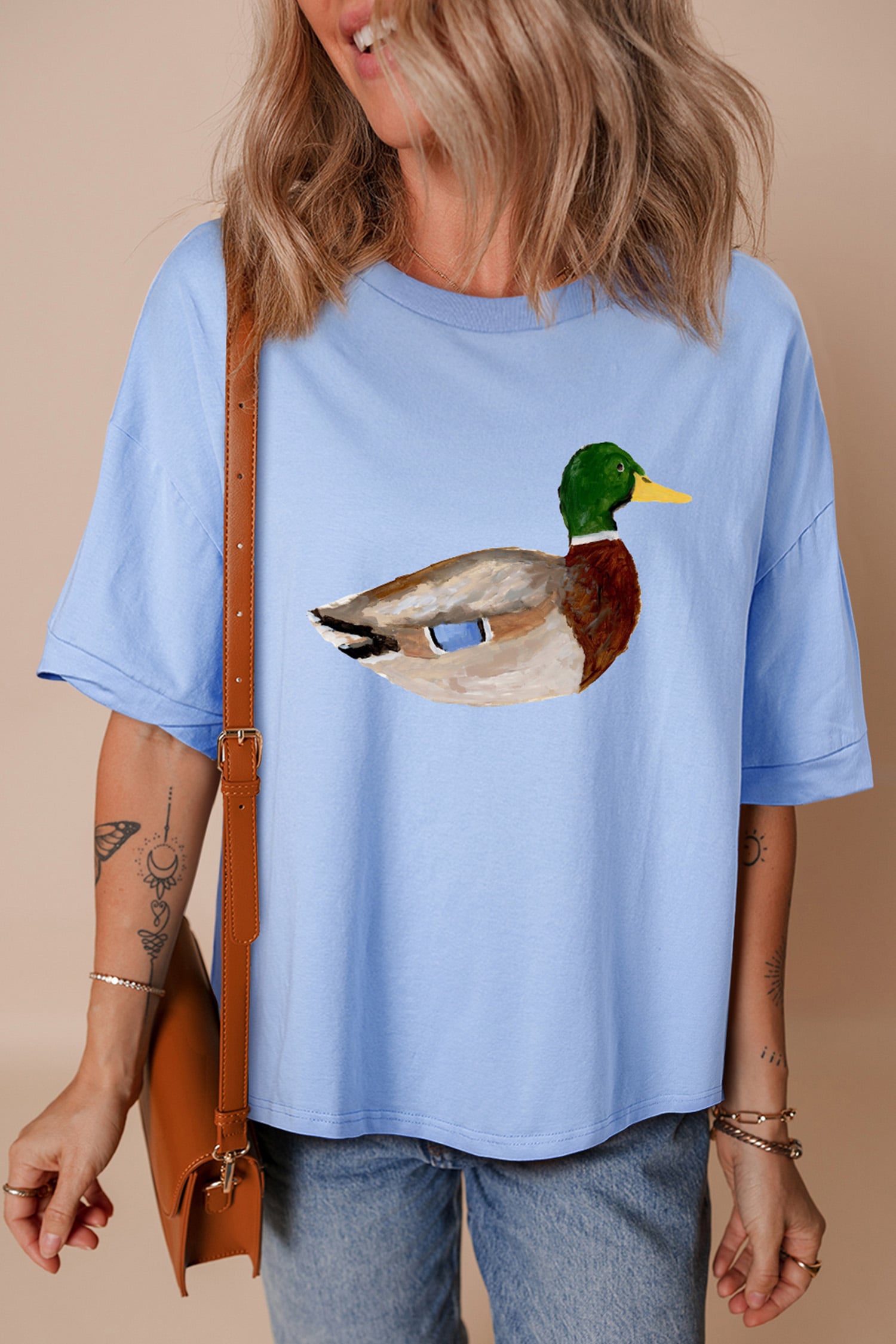 Myosotis Western Duck Graphic Round Neck Oversized T-Shirt