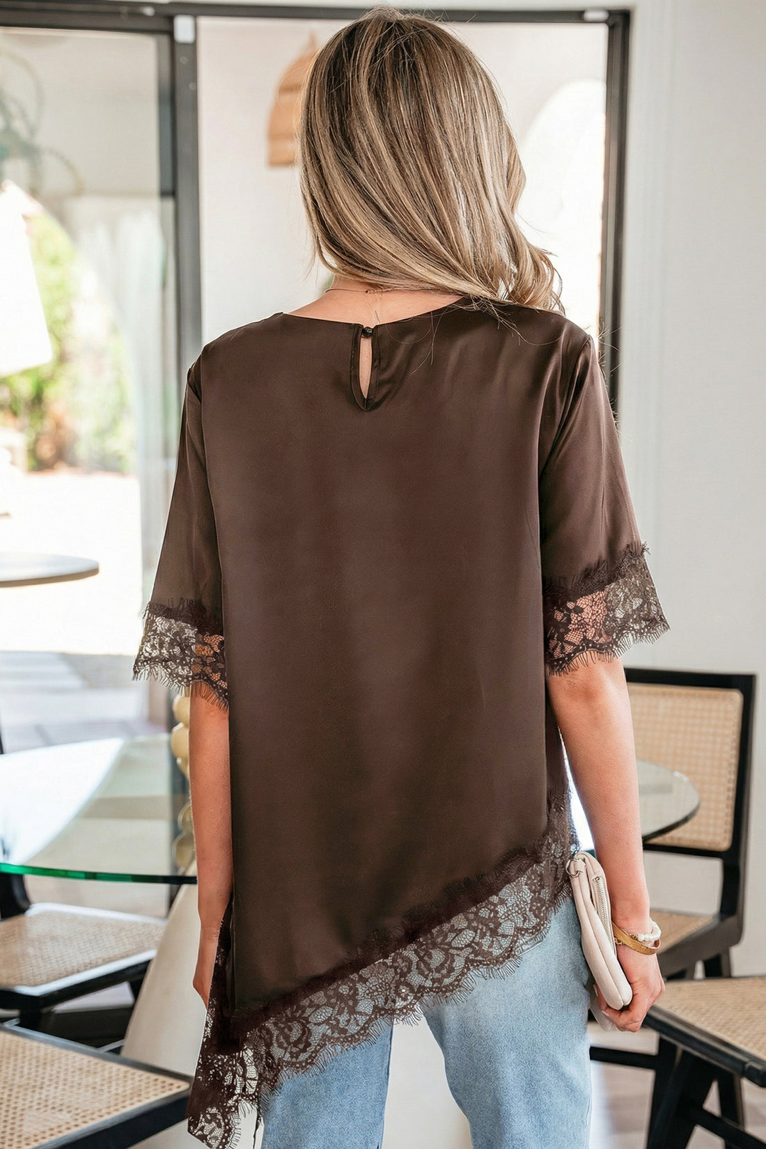 Coffee Asymmetric Lace Trim Short Sleeve Satin Top