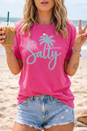 Rose Red Salty Palm Tree Printed Beach Vacation Casual T Shirt