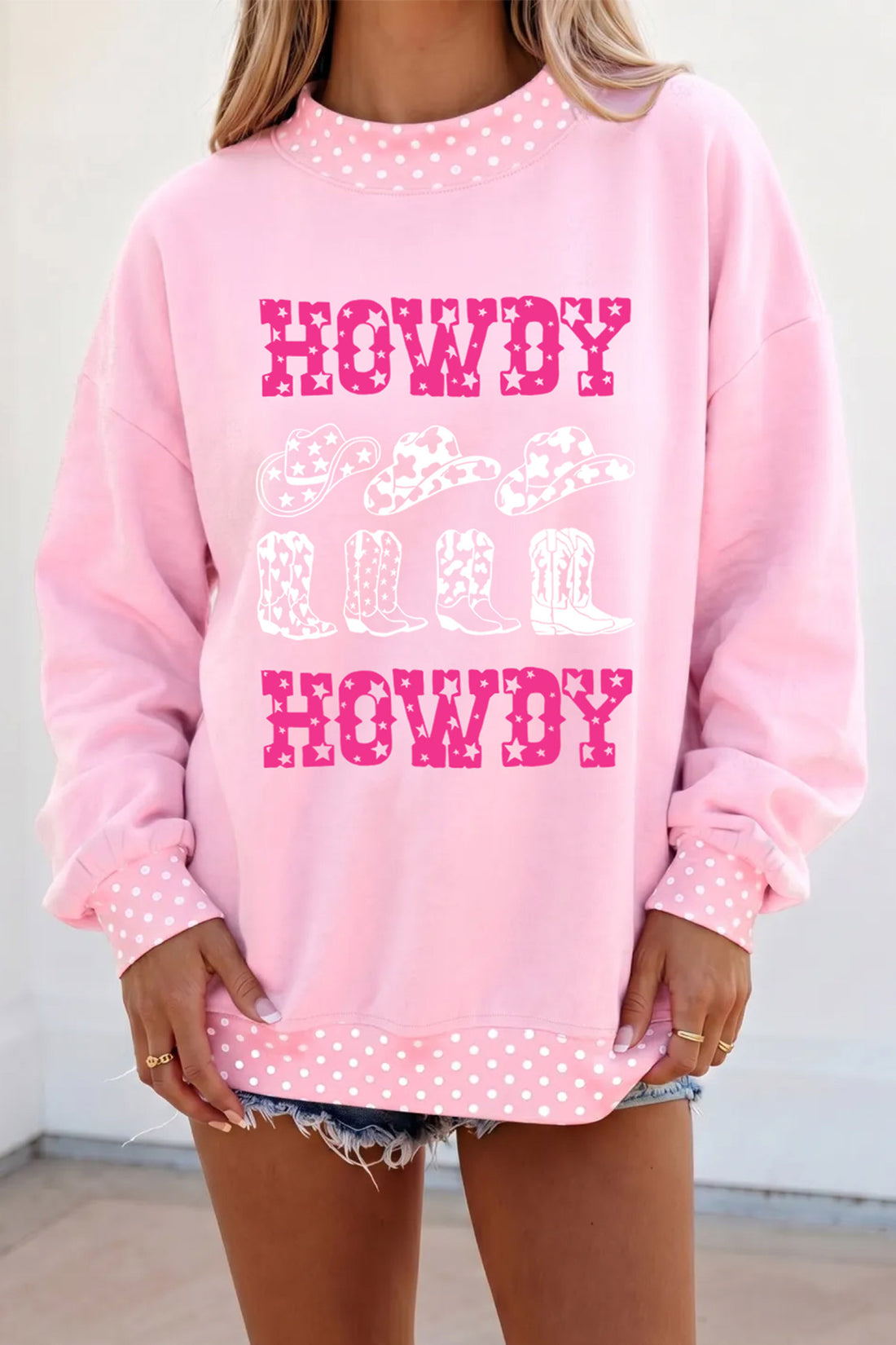 Pink Polka Dot Hem HOWDY Graphic Mock Neck Sweatshirt