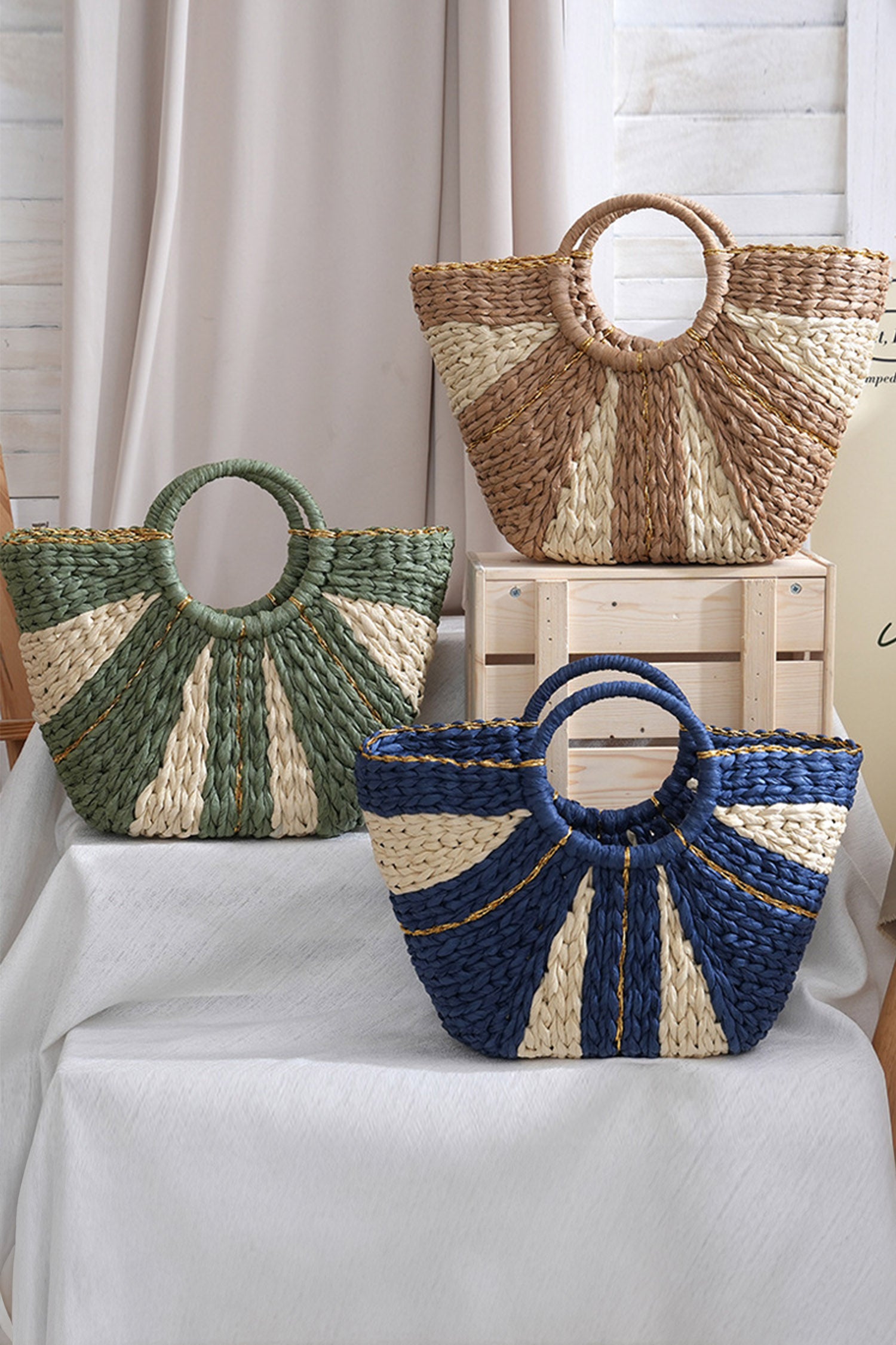 Light French Beige Fan Shape Color Block Handwoven Straw Tote Bag