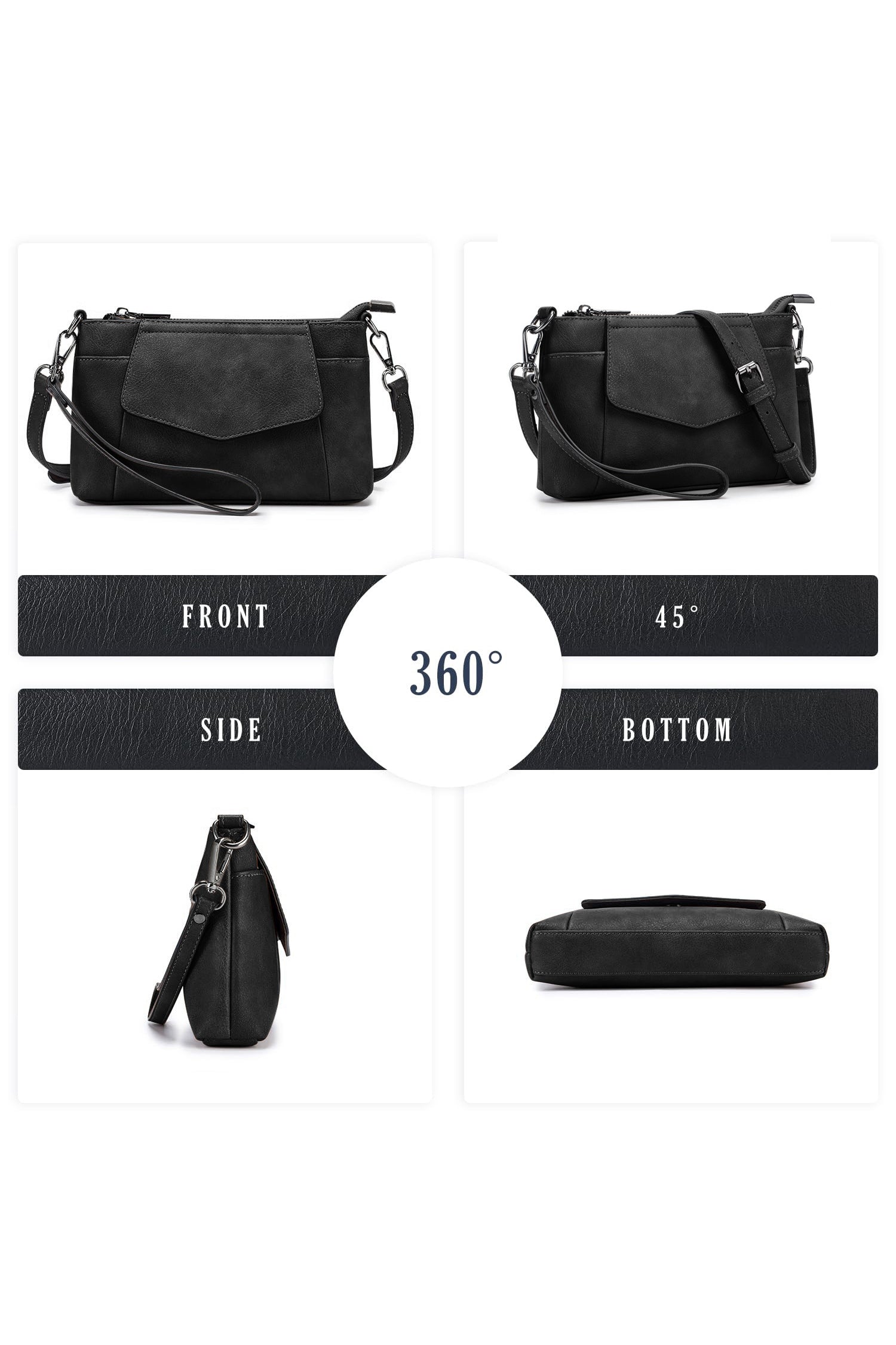Color black PU Leather Convertible Clutch Single Shoulder Bag