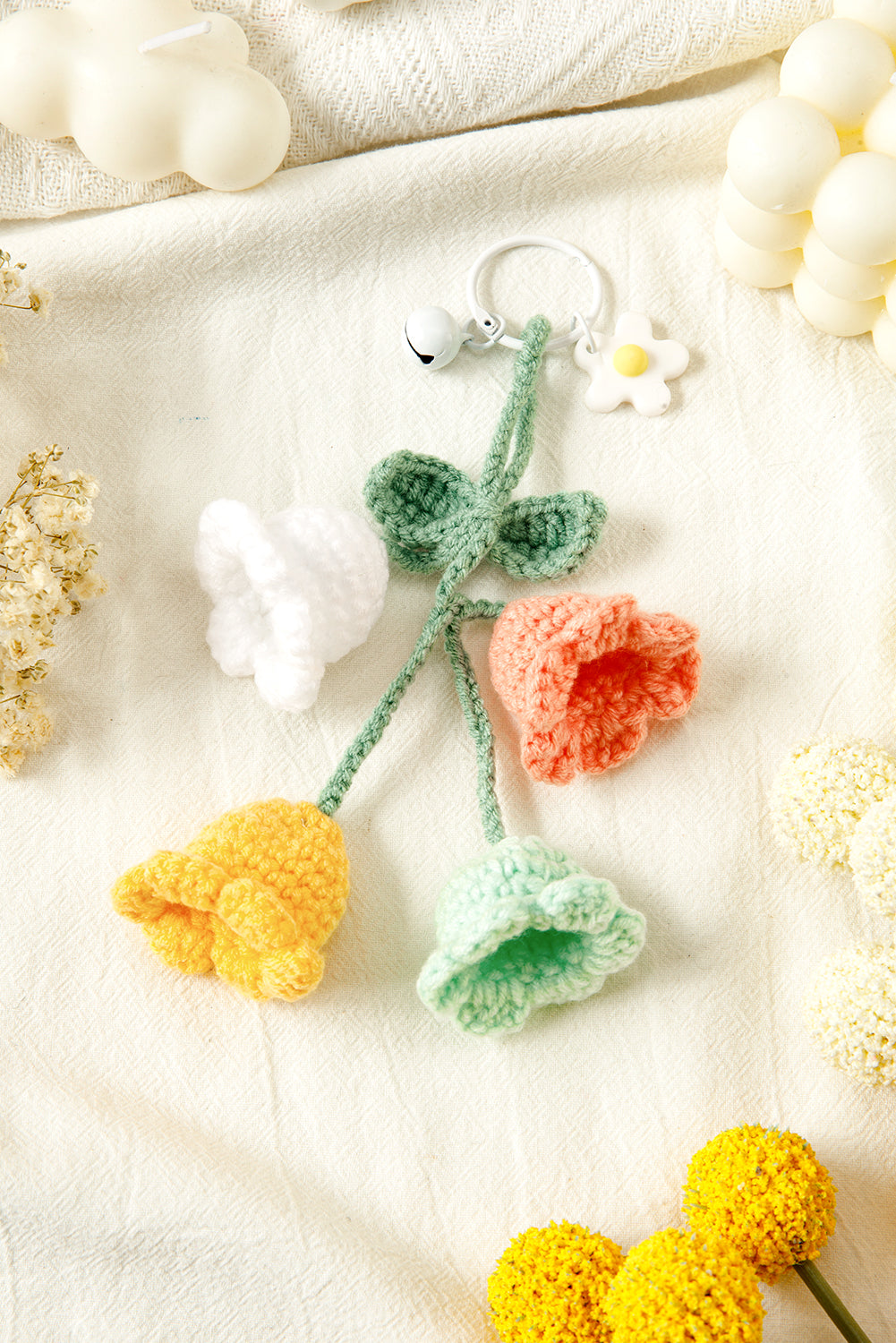 Meadow Mist Green Handmade Crochet Bell Orchid Flower Key Ring Bag Pendant