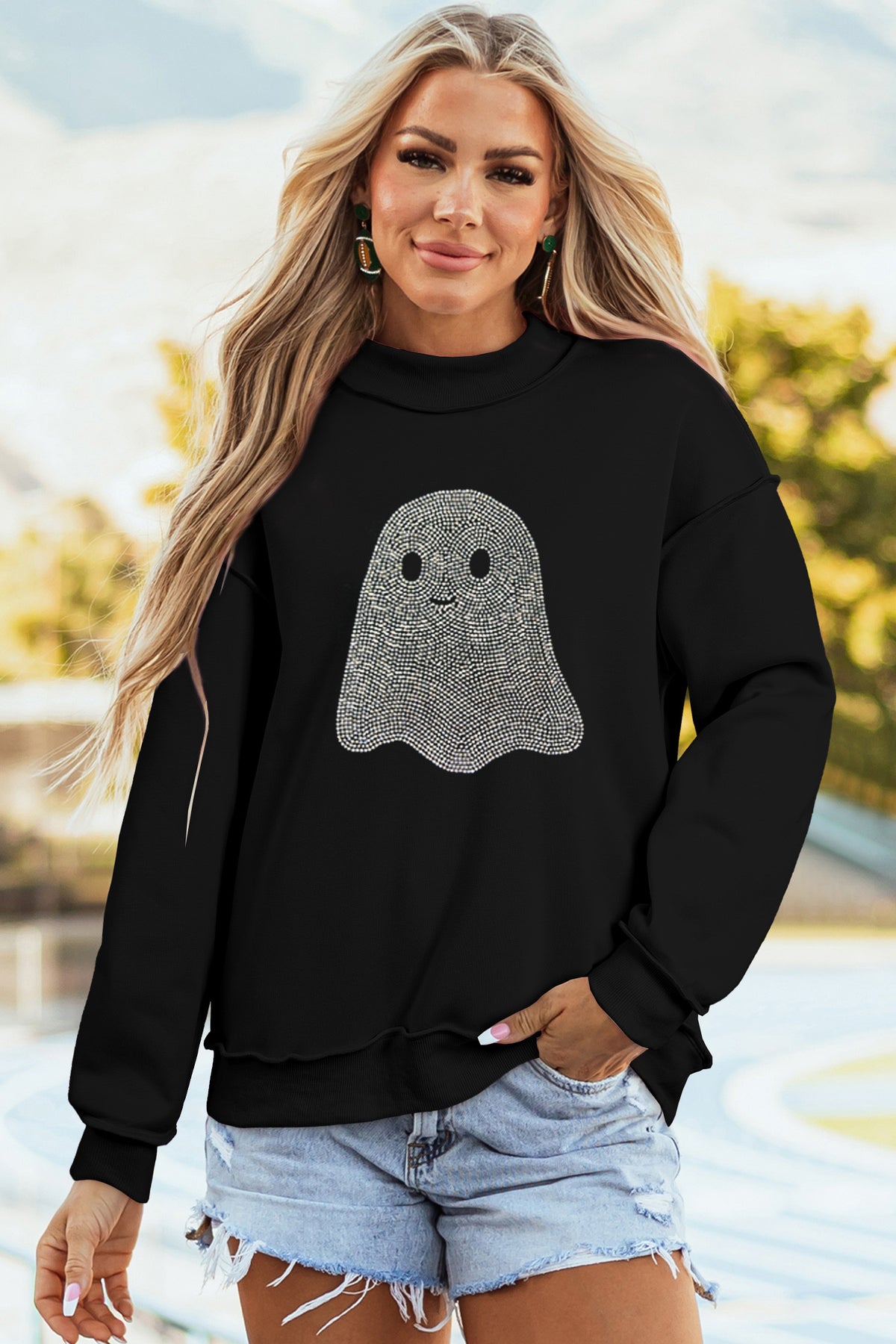 Black Rhinestone Ghost Exposed Seam Mock Neck Halloween Pullover Sweatshirt