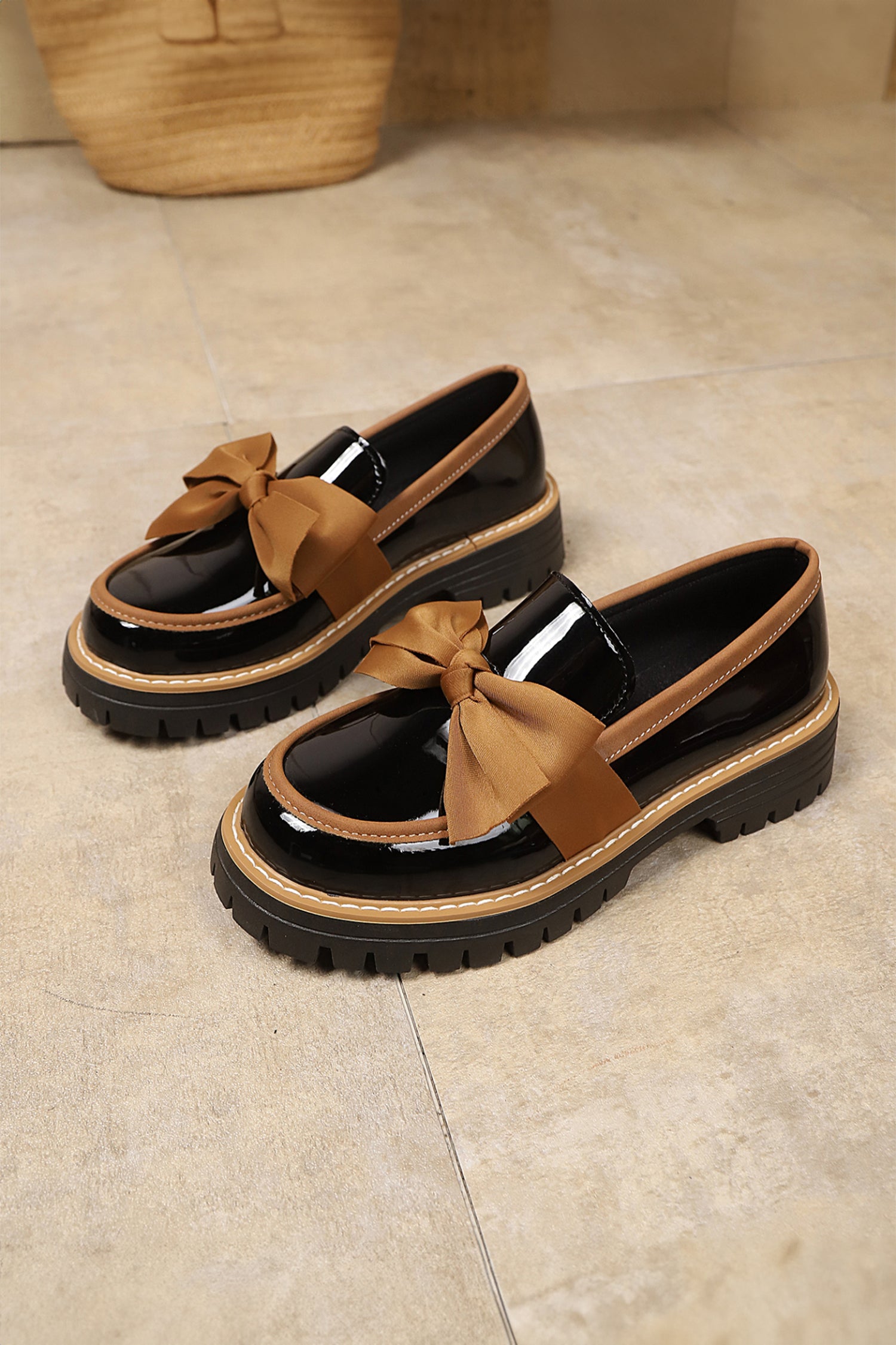 Color black Bowknot Platform Loafers with Slip-On Design and TPR Sole