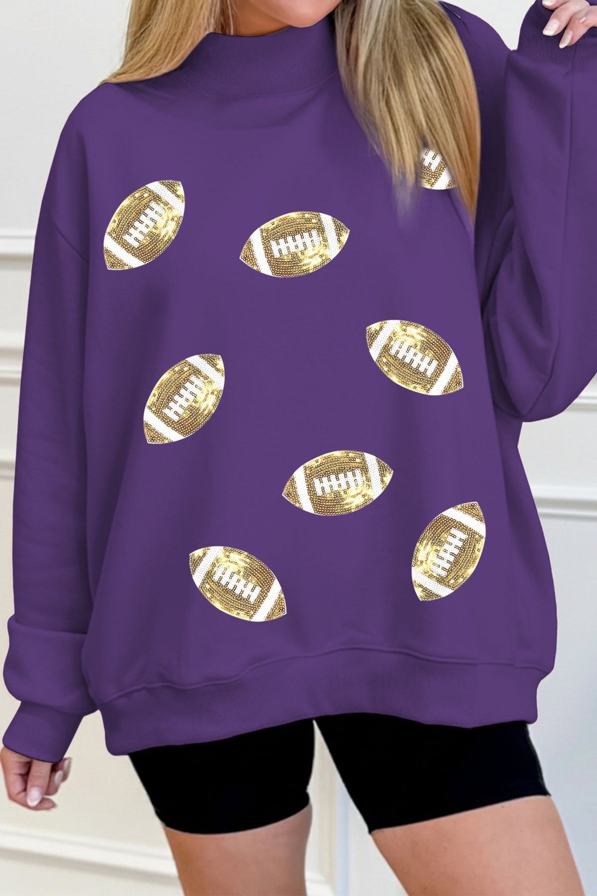 Tillandsia Purple Game Day Sequin Rugby Pattern Mock Neck Baggy Sweatshirt
