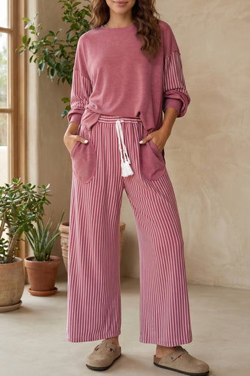 Fushia Raw Seam Patchwork Long Sleeve Top Pocket Casual Pants 2pcs Set