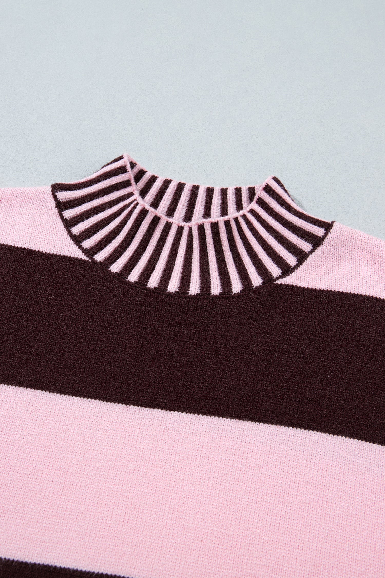 Pink Stripe Contrast High Neck Dropped Shoulder Relaxed Pullover Sweater