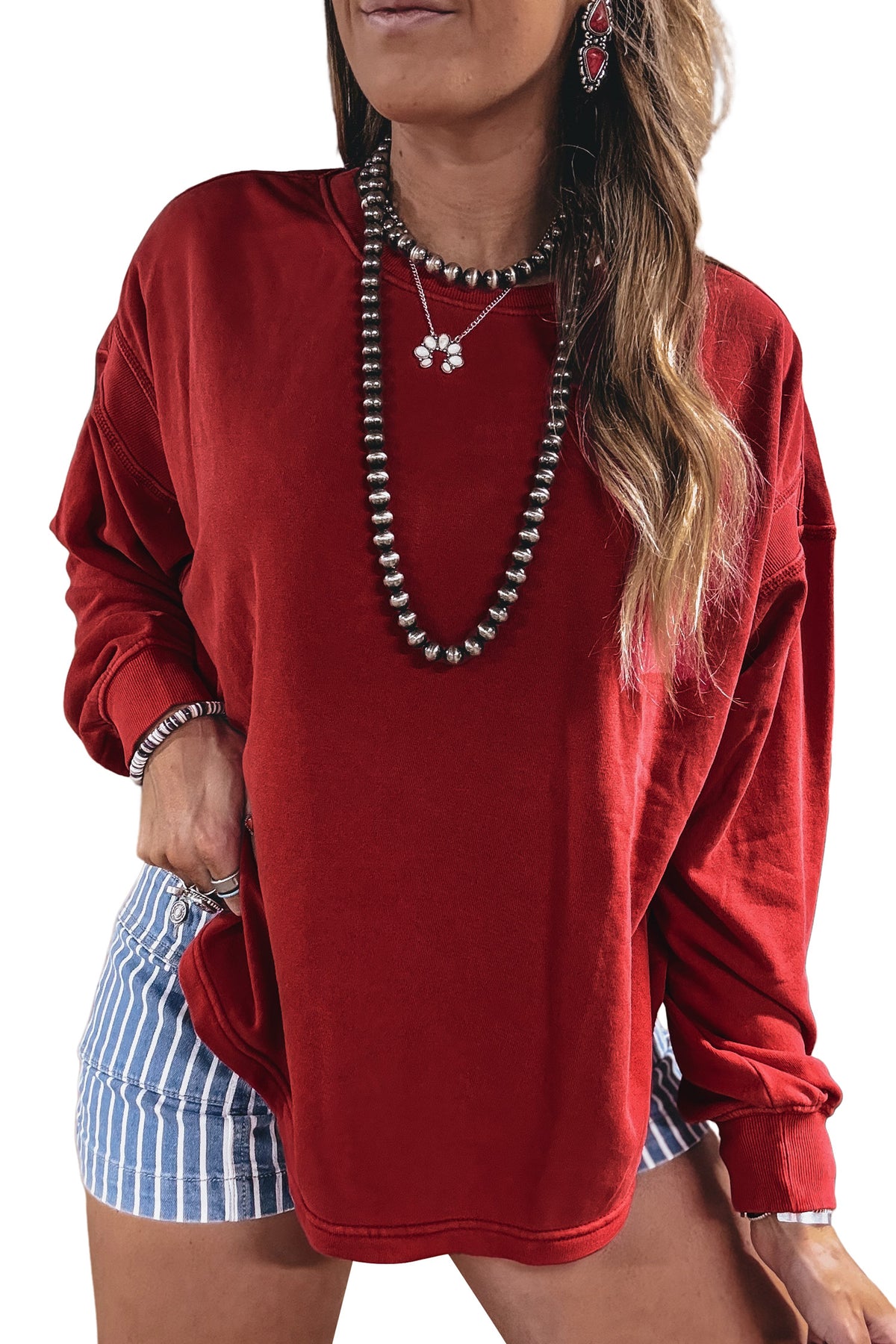 Racing Red Ribbed Detail Drop Shoulder Cutout Back Sweatshirt