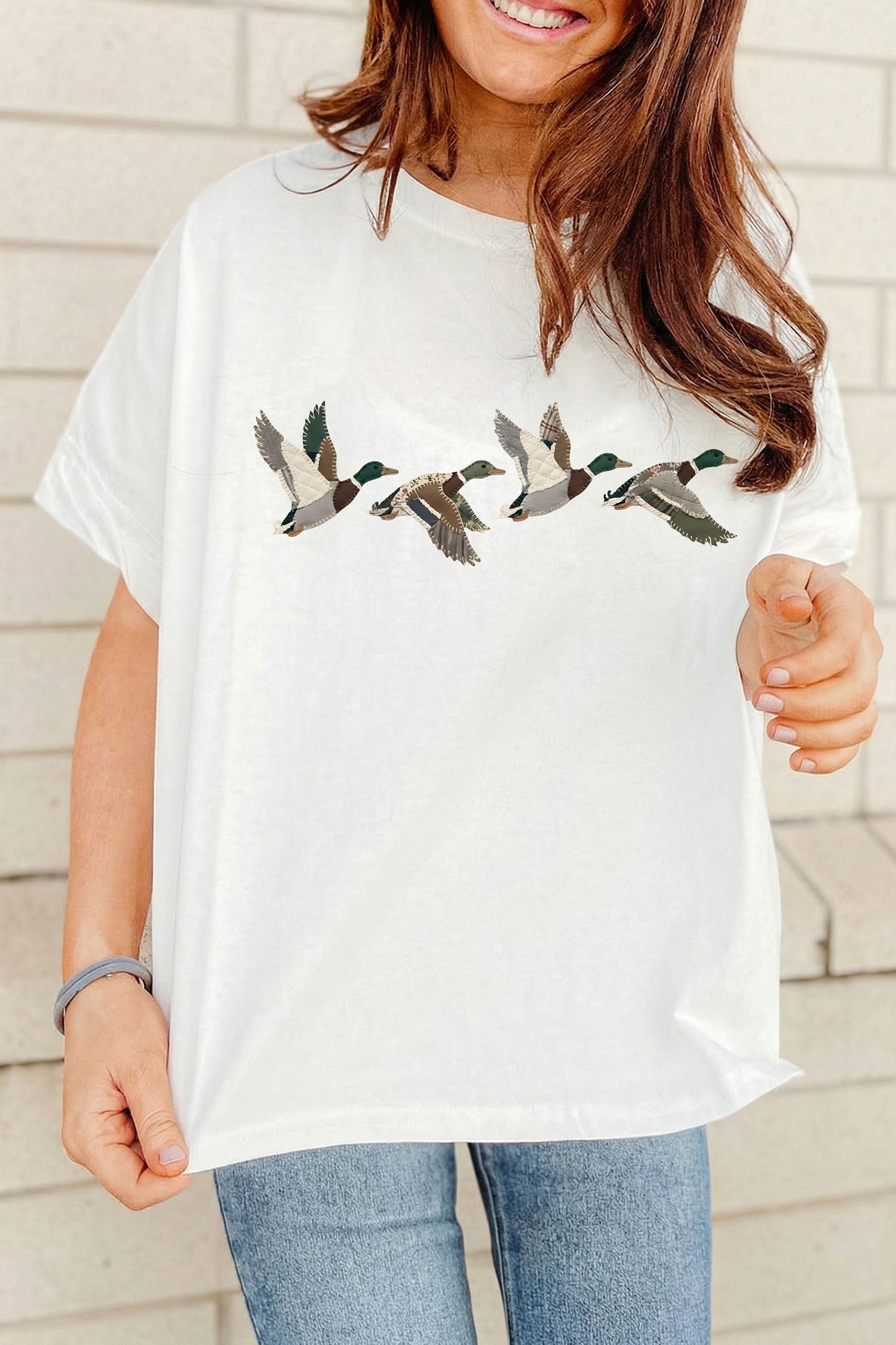 White Flying Mallard Duck Graphic Cuffed Sleeve Oversized Tee