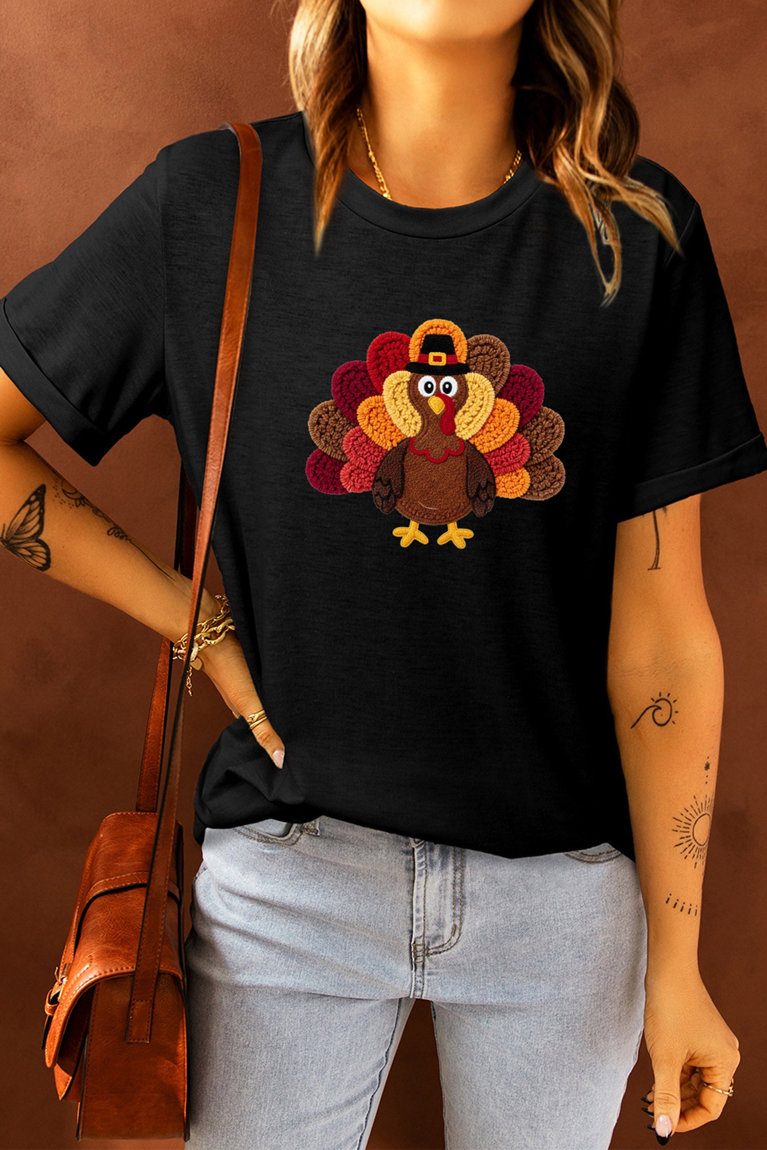 Black Thanksgiving Turkey Embroidered Short Sleeve Casual Shift T-Shirt