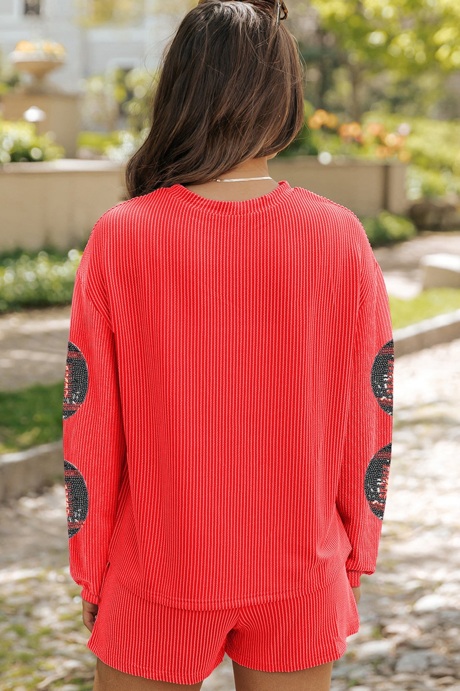 Gold Flame Twisted Rib Sequined Rugby Pattern Long Sleeve Top Relaxed Short Set