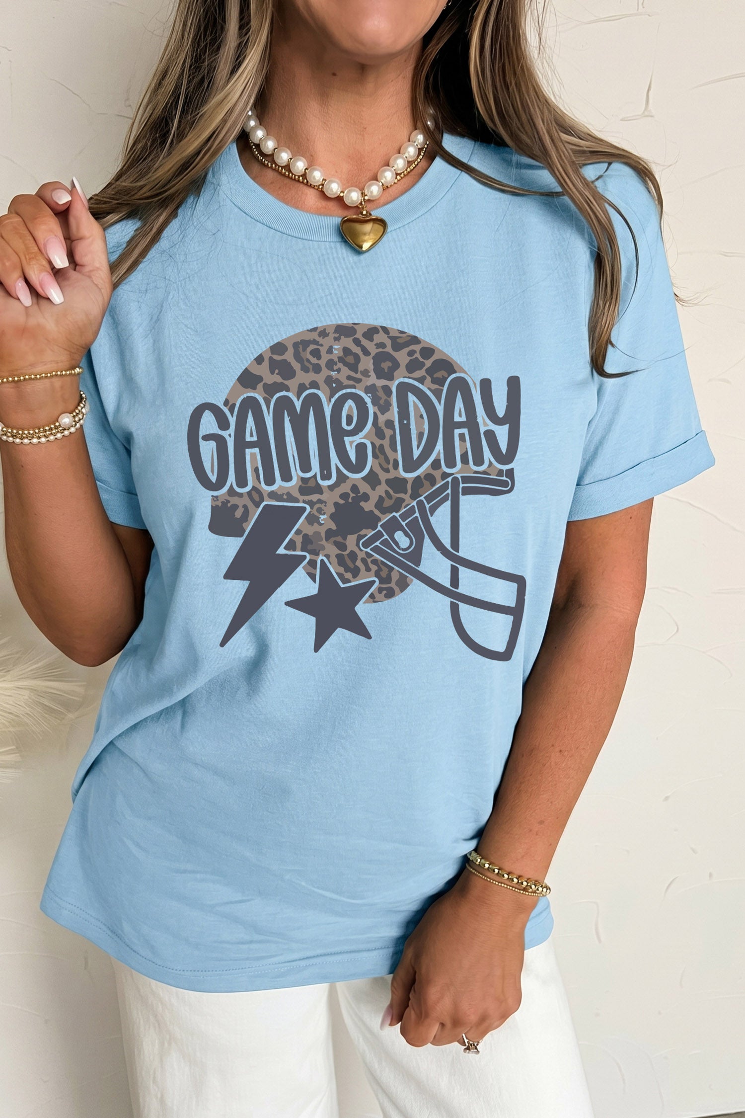 Light Blue Leopard Print Lightning Star Helmet Graphic Game Day T Shirt