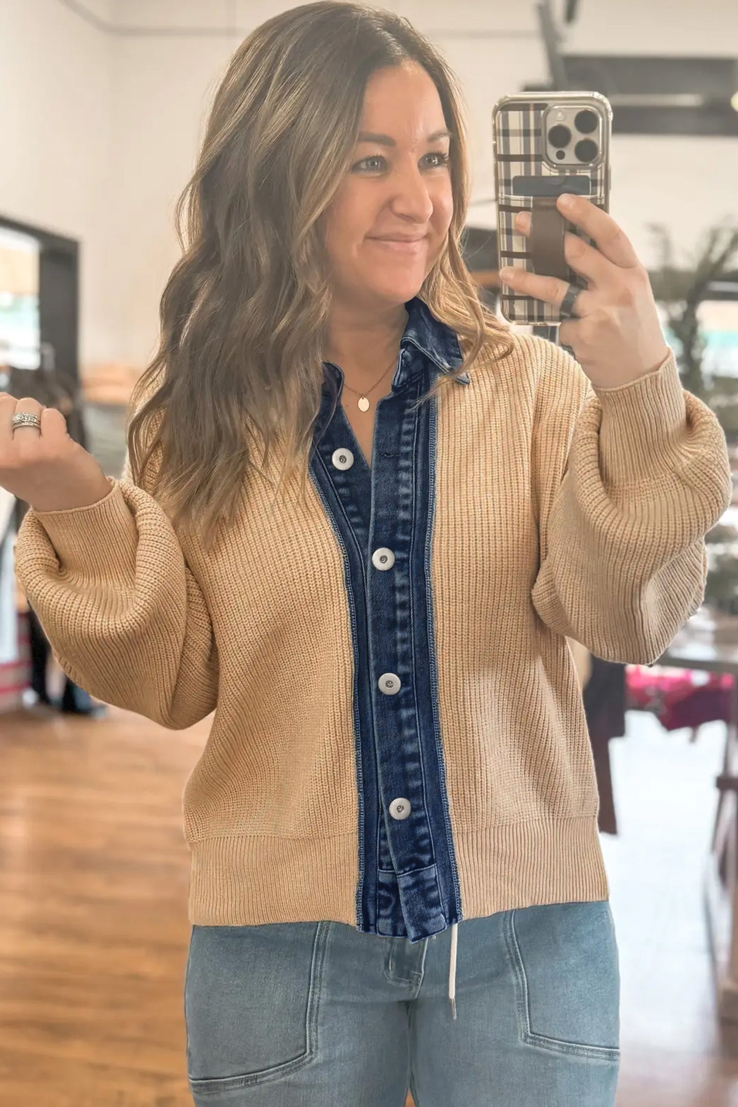 Parchment Drop Shoulder Placket Paneling Shirt Collar Long Sleeve Cardigan