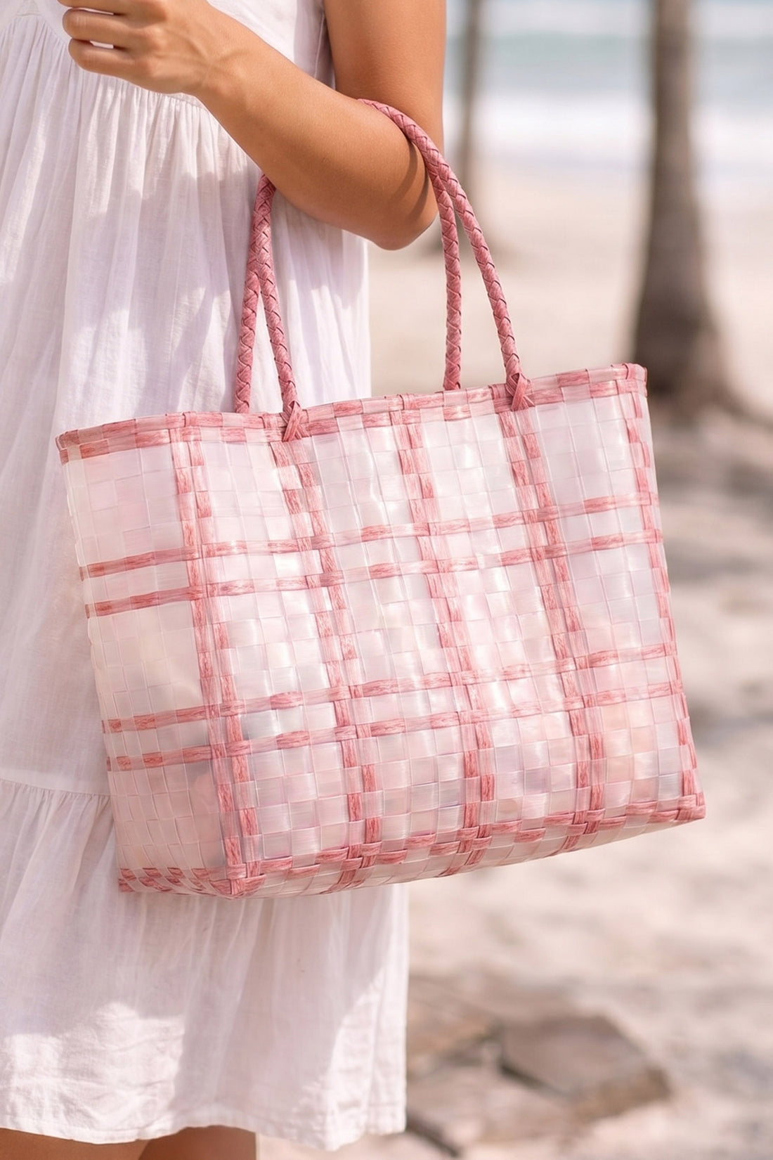 Pink Transparent PVC Woven Boho Style Tote Bag 35x19x12cm