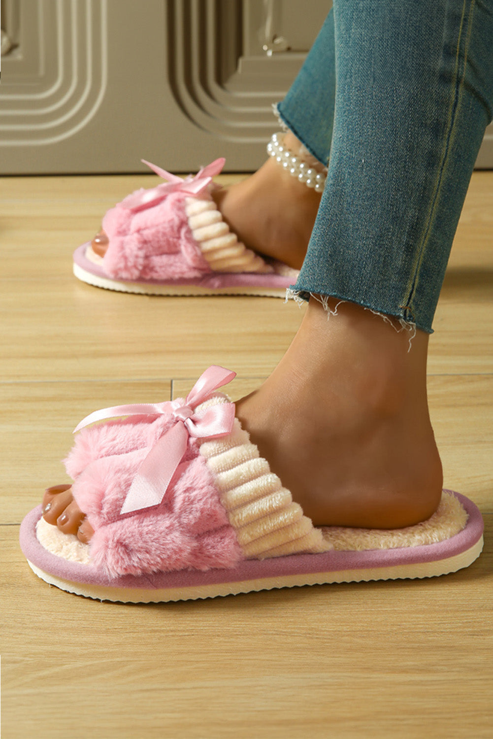 Peach Blossom Bow Knot Decor Open Toe Plush Slippers