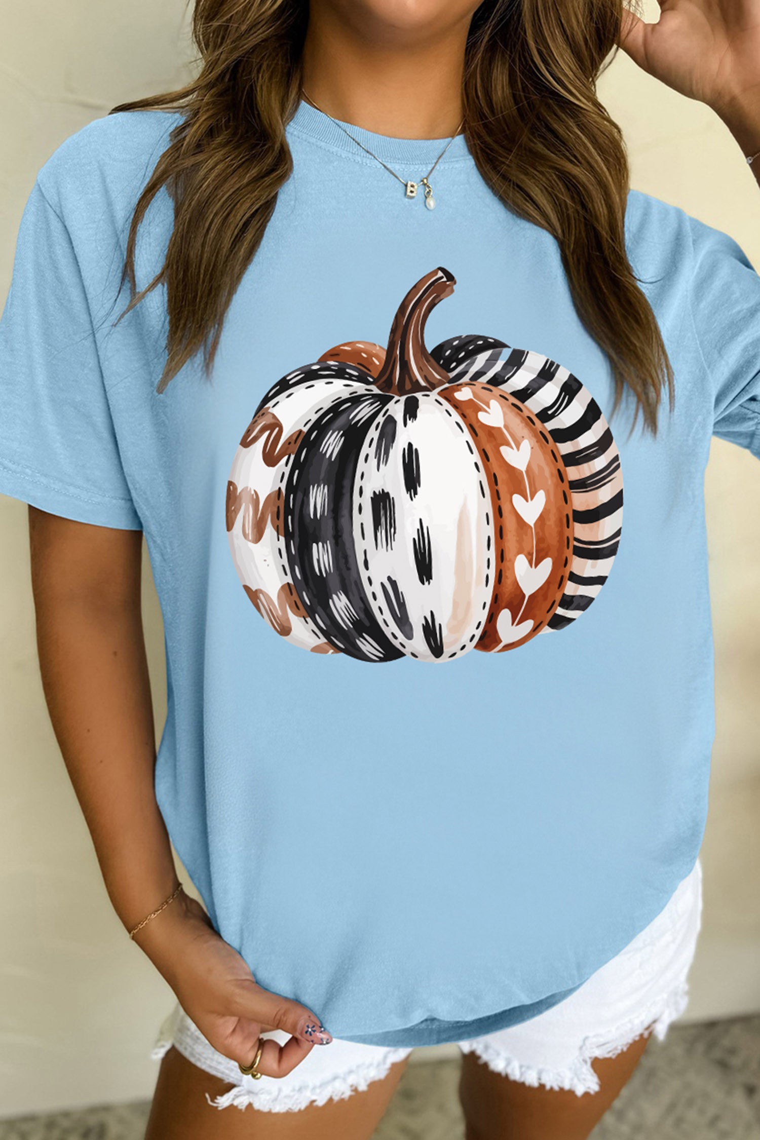 Light Blue Thanksgiving Pumpkin Print Graphic T-Shirt