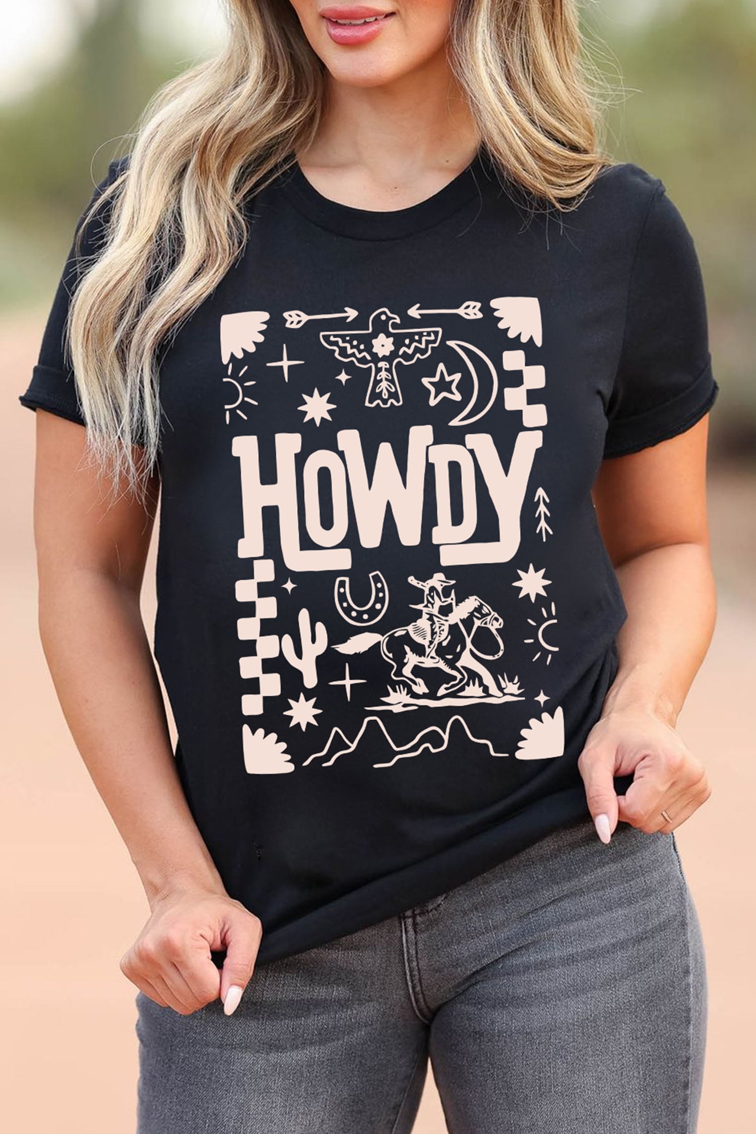 Black HOWDY Western Print Casual Round Neck T Shirt
