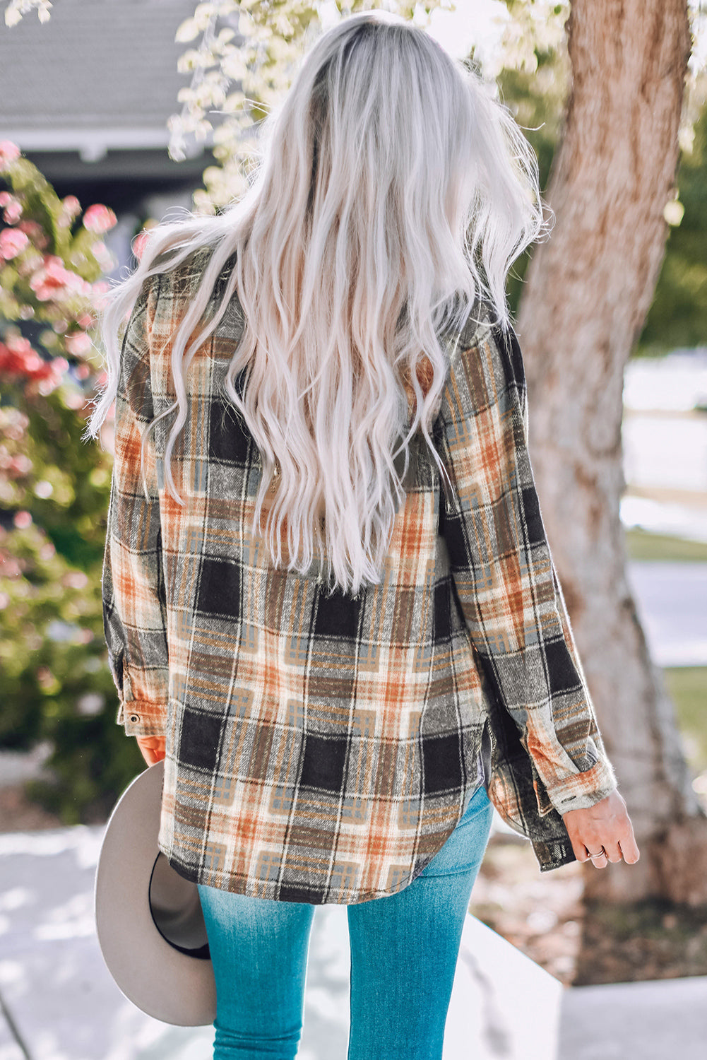 Black Oversize Rounded Hem Plaid Shacket with Slits