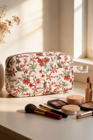 Fiery Red Floral Canvas Durable Zipper Cosmetic Bag for Travel Storage