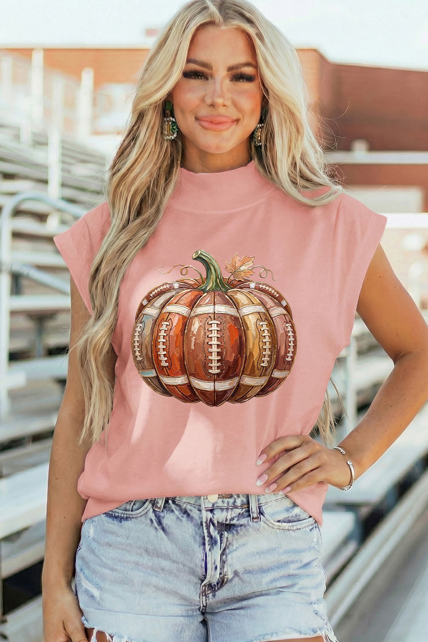 Pink Rugby Pumpkin Graphic Mock Neck Cap Sleeve Top