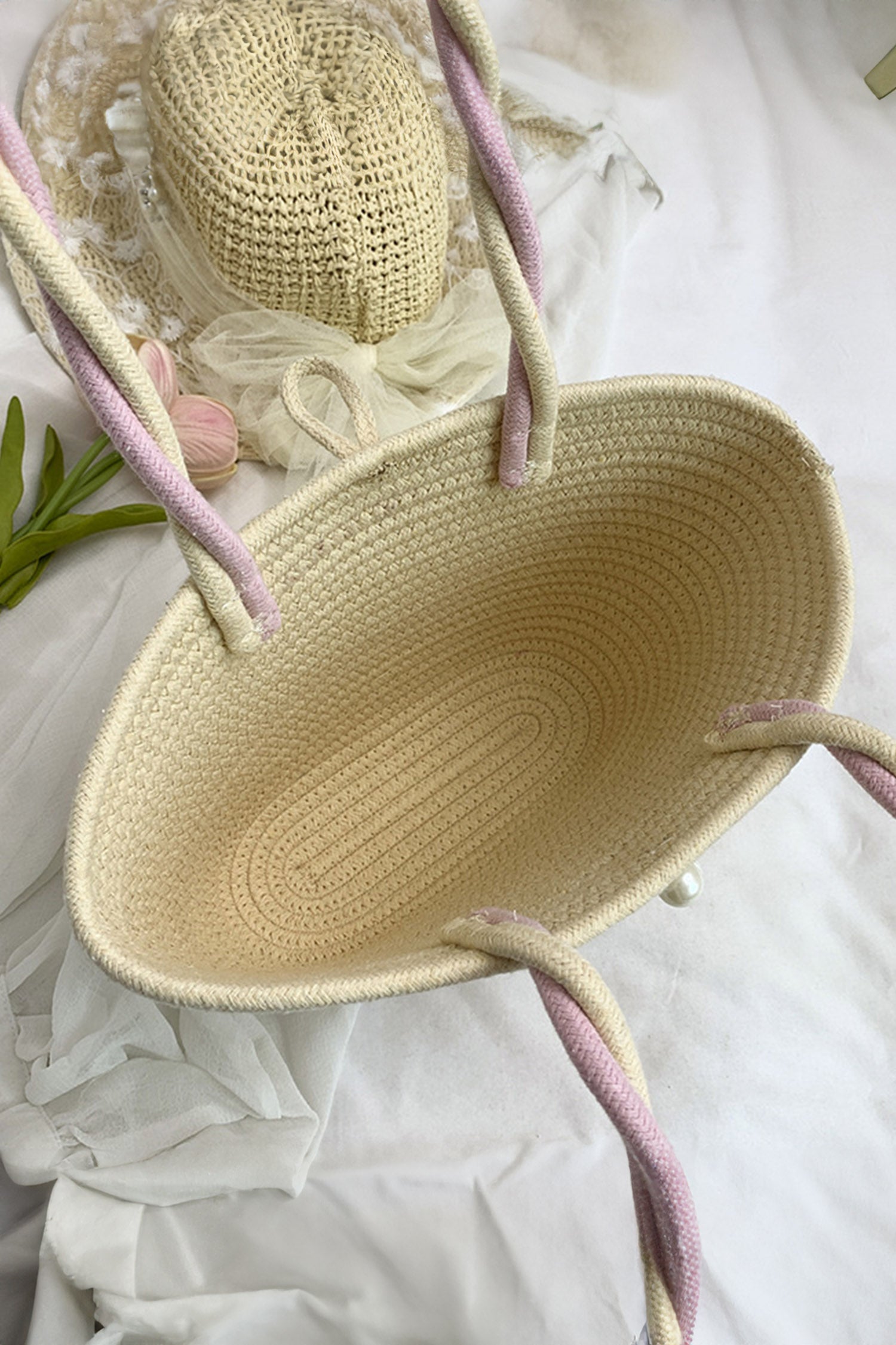 Parchment Boho Style Lace Bow Detail Handcrafted Straw Tote Bag