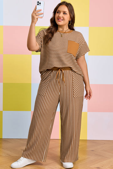 Khaki Stripe Plus Size Striped Colorblock Pocket Lounge Set