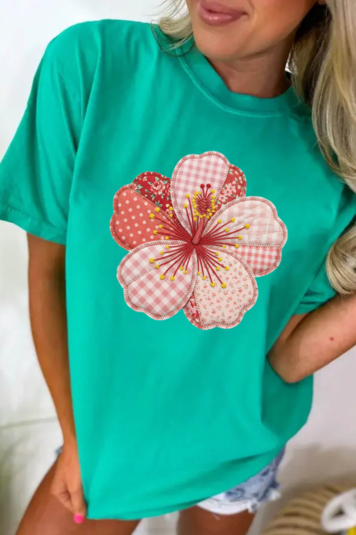 Mint Green Patchwork Floral Printed Beach Vacation Casual Tee