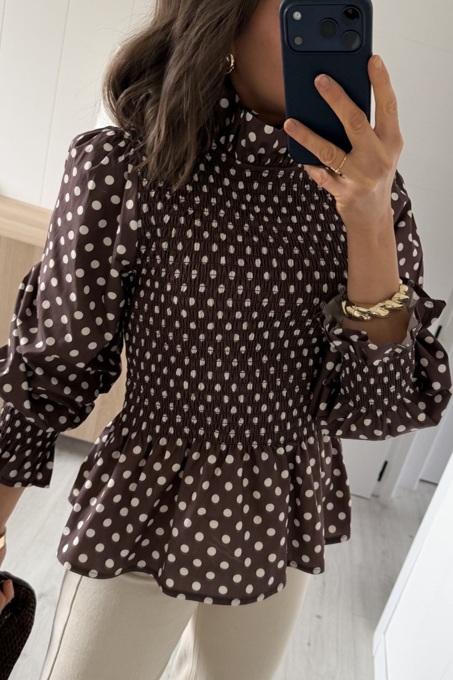 Brown Polka Dot Ruffled High Neck Shirred Ruffle Hem Blouse