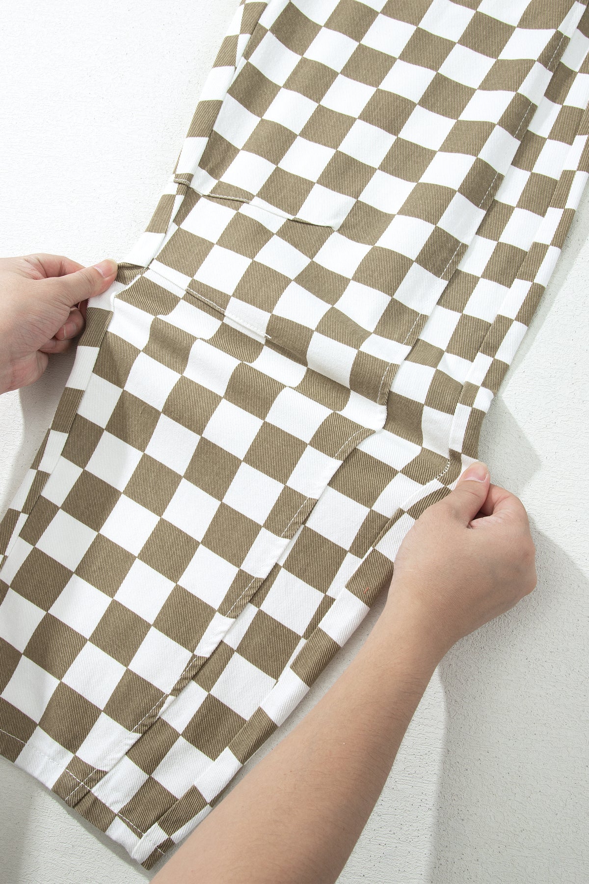 White Checkered Print Denim Barrel Pants