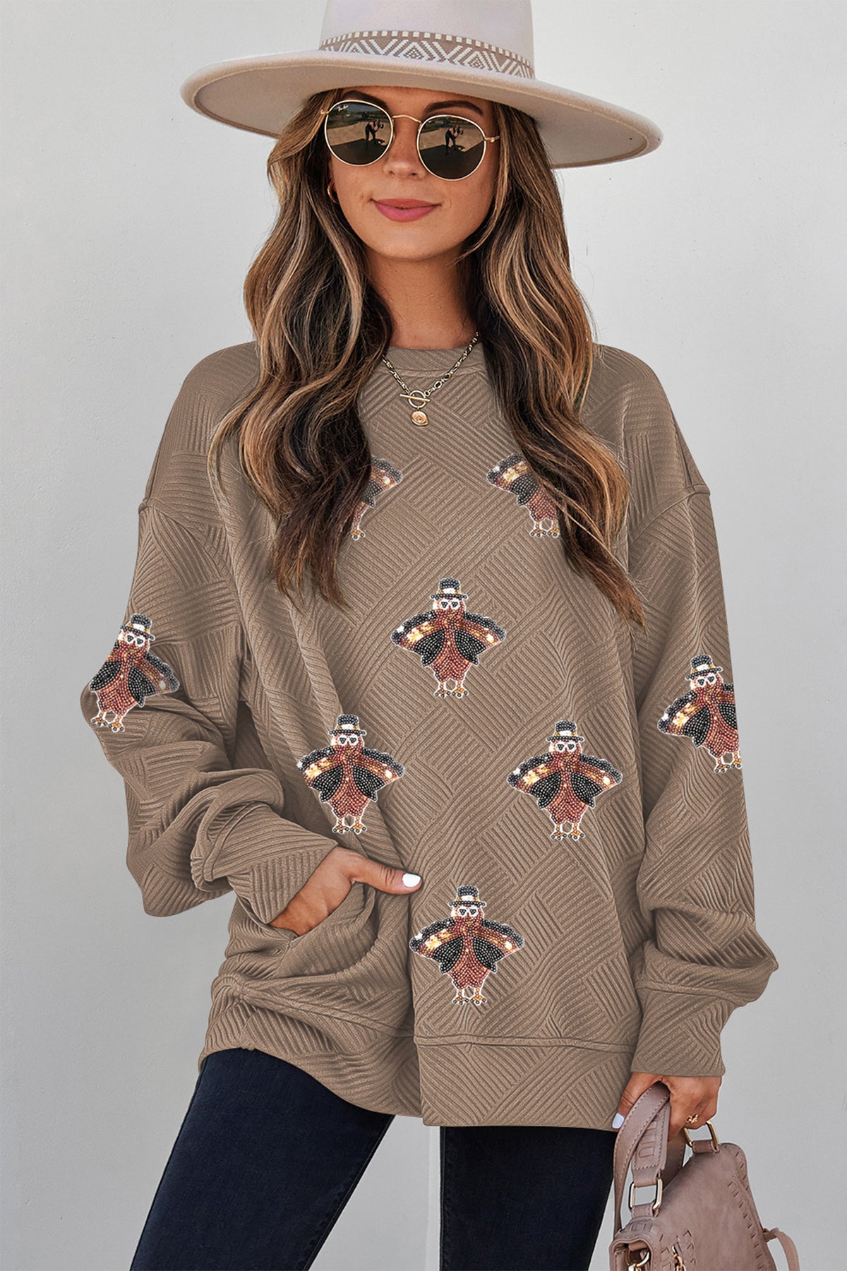 Parchment Trendy Textured Sequin Turkey Graphic Casual Pullover Sweatshirt
