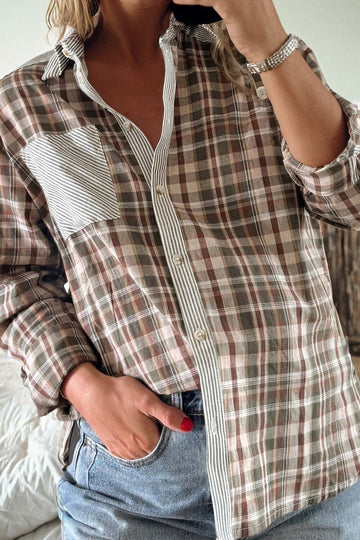 Brown Plaid Print Striped Patchwork Single Chest Pocket Buttoned Shirt