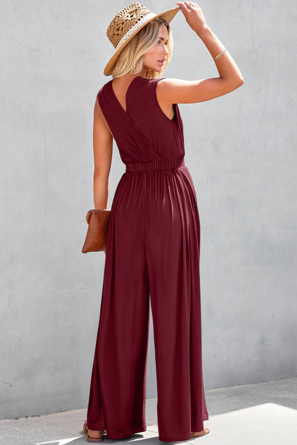 Burgundy Deep V Pleated Crisscross Wide Leg Backless Jumpsuit