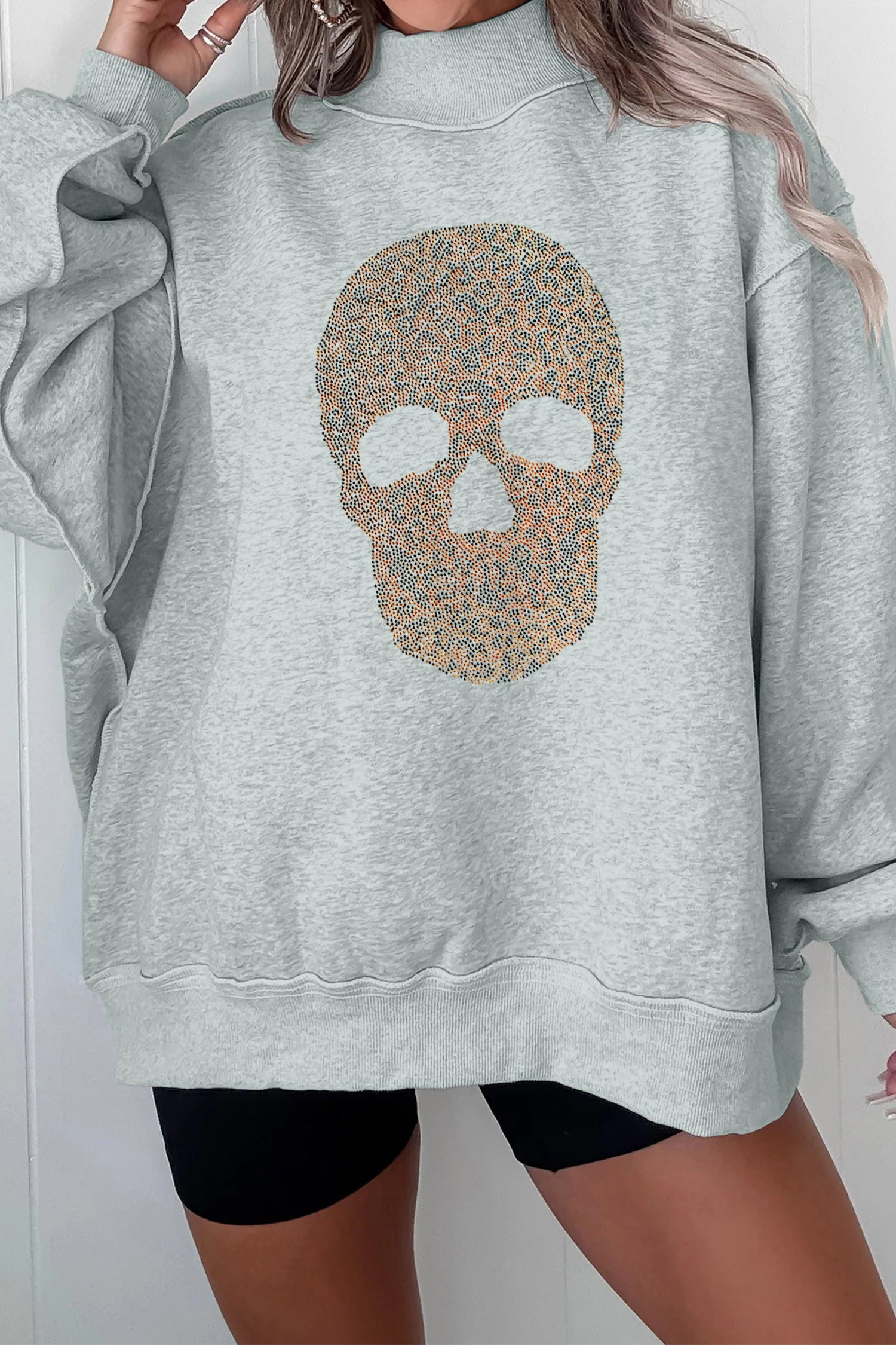 Gray Halloween Rhinestone Skull Graphic Mock Neck Baggy Pullover Sweatshirt