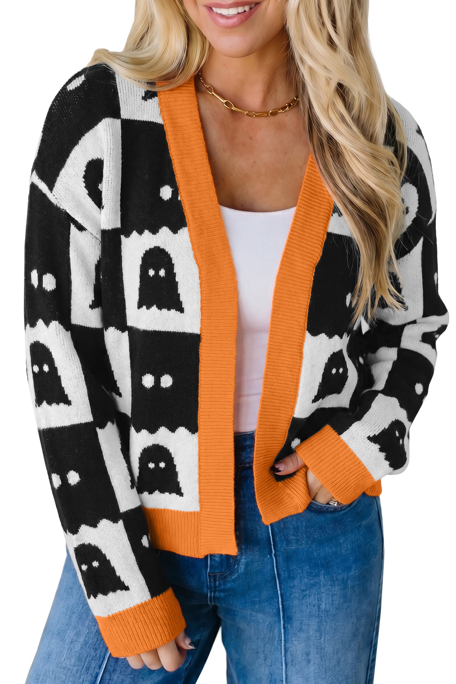 Black Geometric Ghost Print Drop Shoulder Knit Cardigan