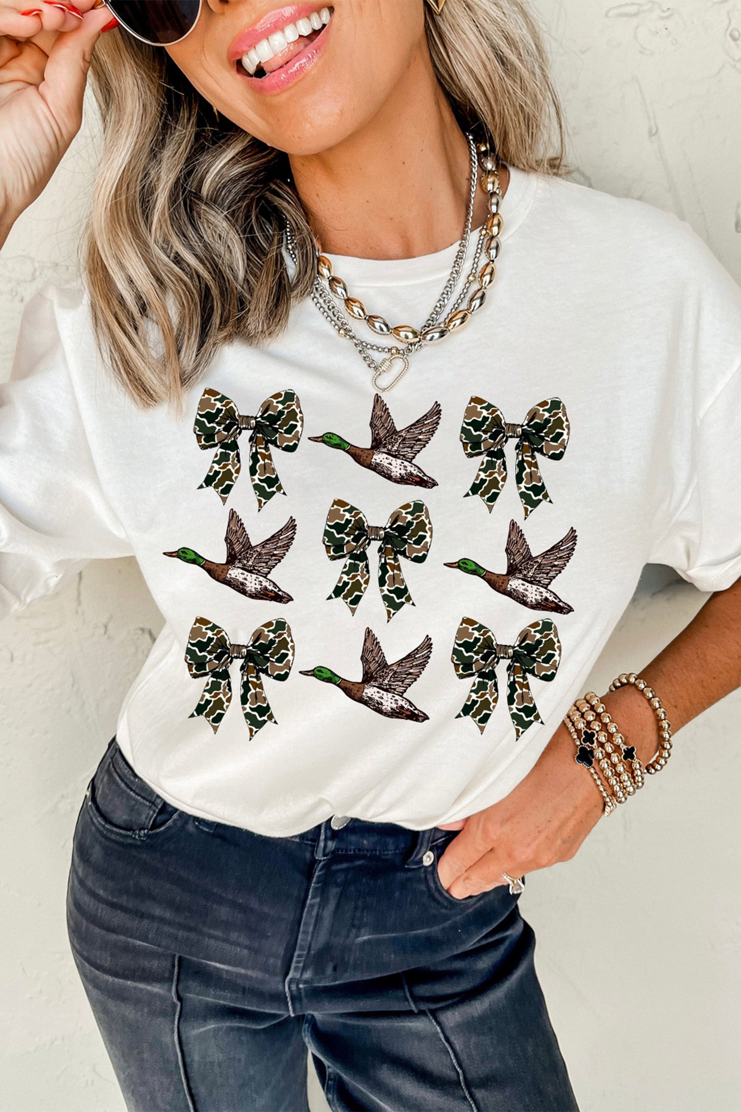 White Camo Bow Flying Mallard Duck Printed Tee
