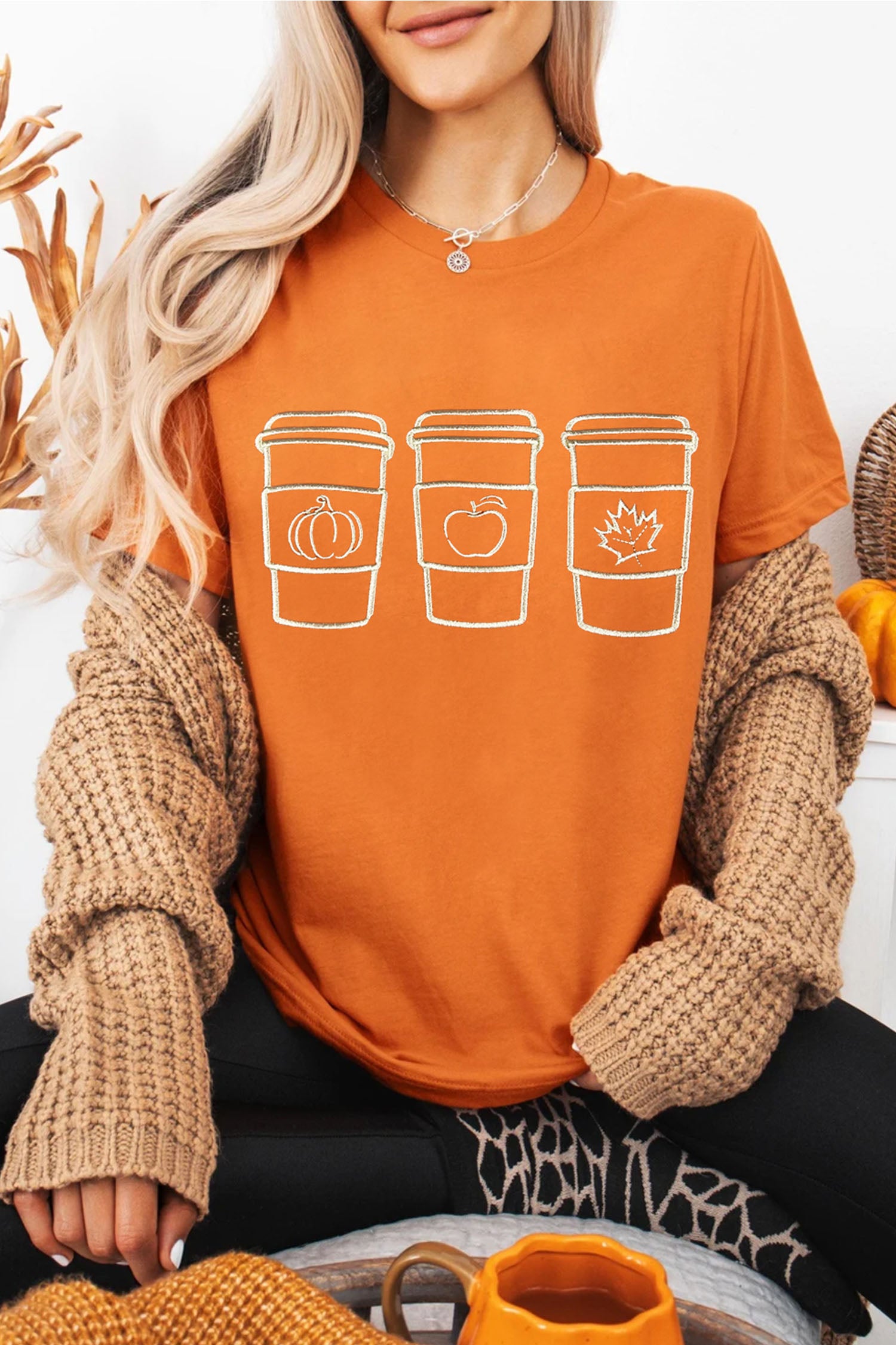 Orange Embroidered Fall Drinks Round Neck Graphic Tee