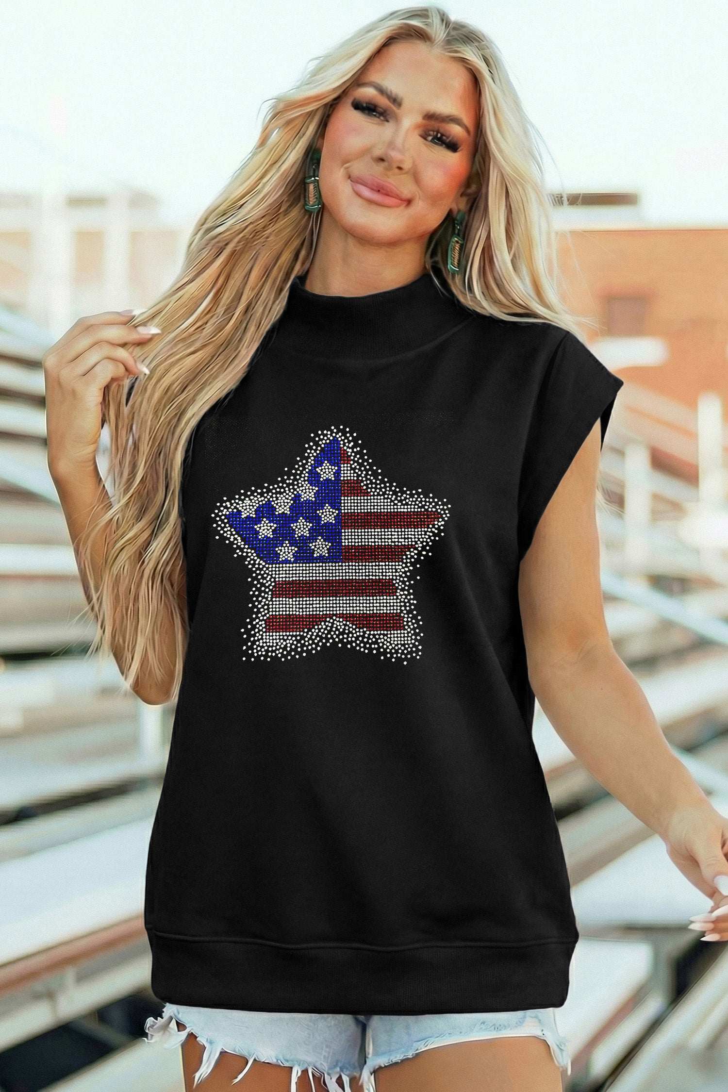 Black Patriotic Rhinestone Star High Neck Short Sleeve Top