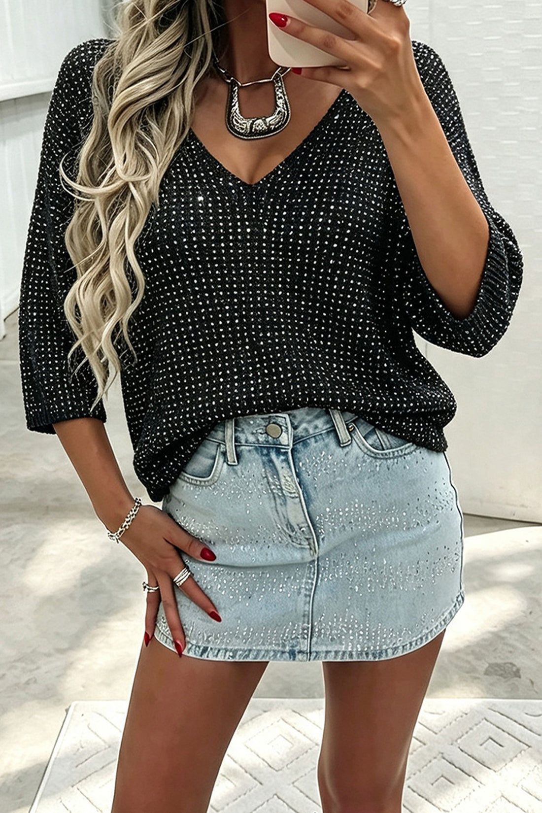 Black V Neck 3/4 Sleeve Rhinestone Embellished Casual Sweater